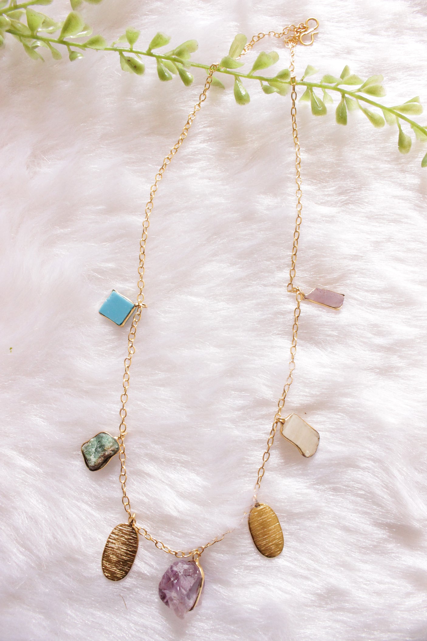 Multi-Color Raw Cut Natural Gemstones Embedded Gold Finish Chain Necklace