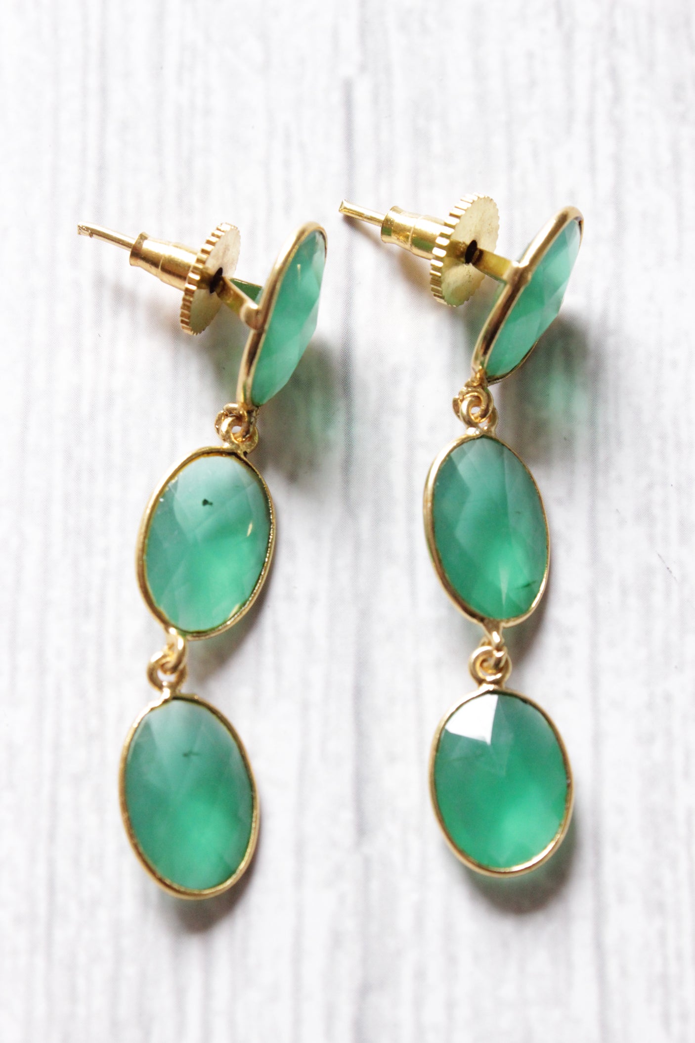 Green Onyx Gemstone Embedded 3 Layer Gold Plated Fashion Earrings