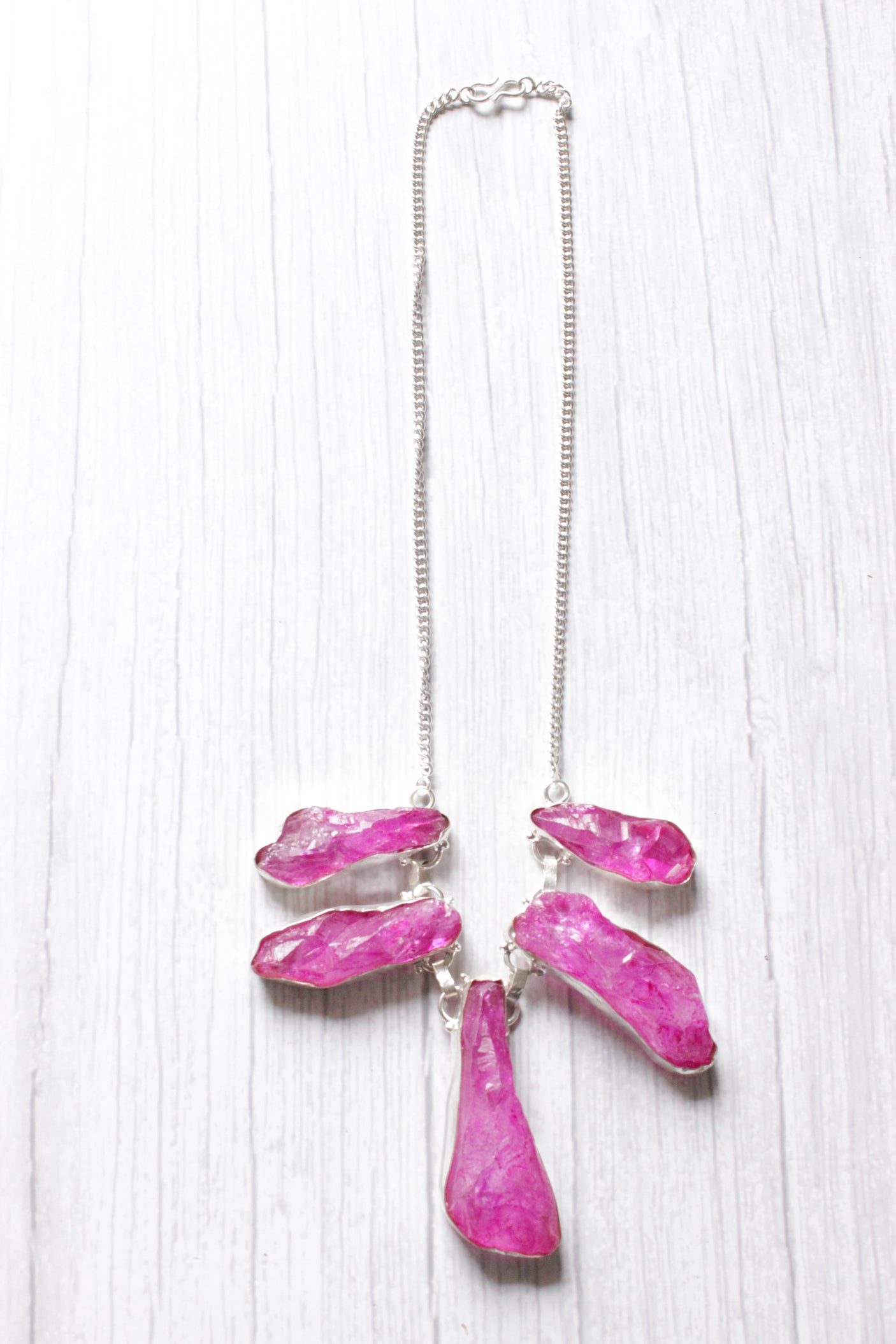 Pink Rock Quartz Natural Gemstone Embedded Silver Plated Necklace