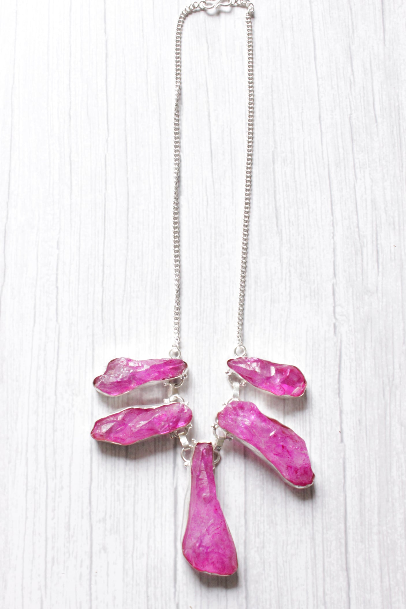 Pink Rock Quartz Natural Gemstone Embedded Silver Plated Necklace