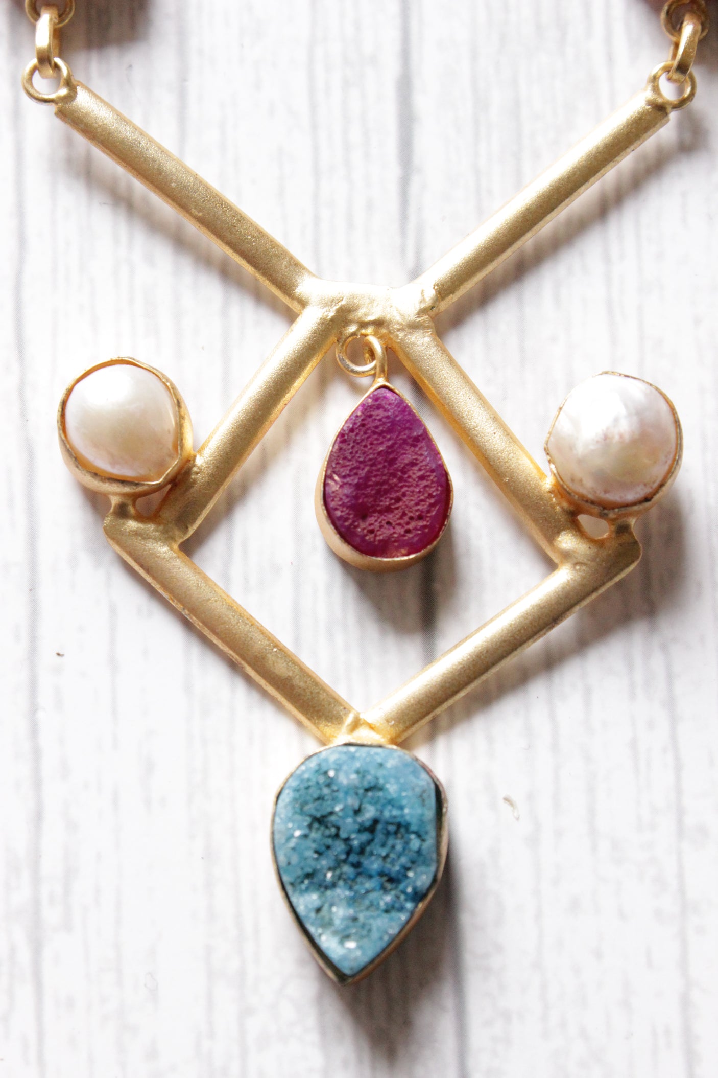 Elephant Charm Pink Druzy Gemstone Gold Plated Necklace