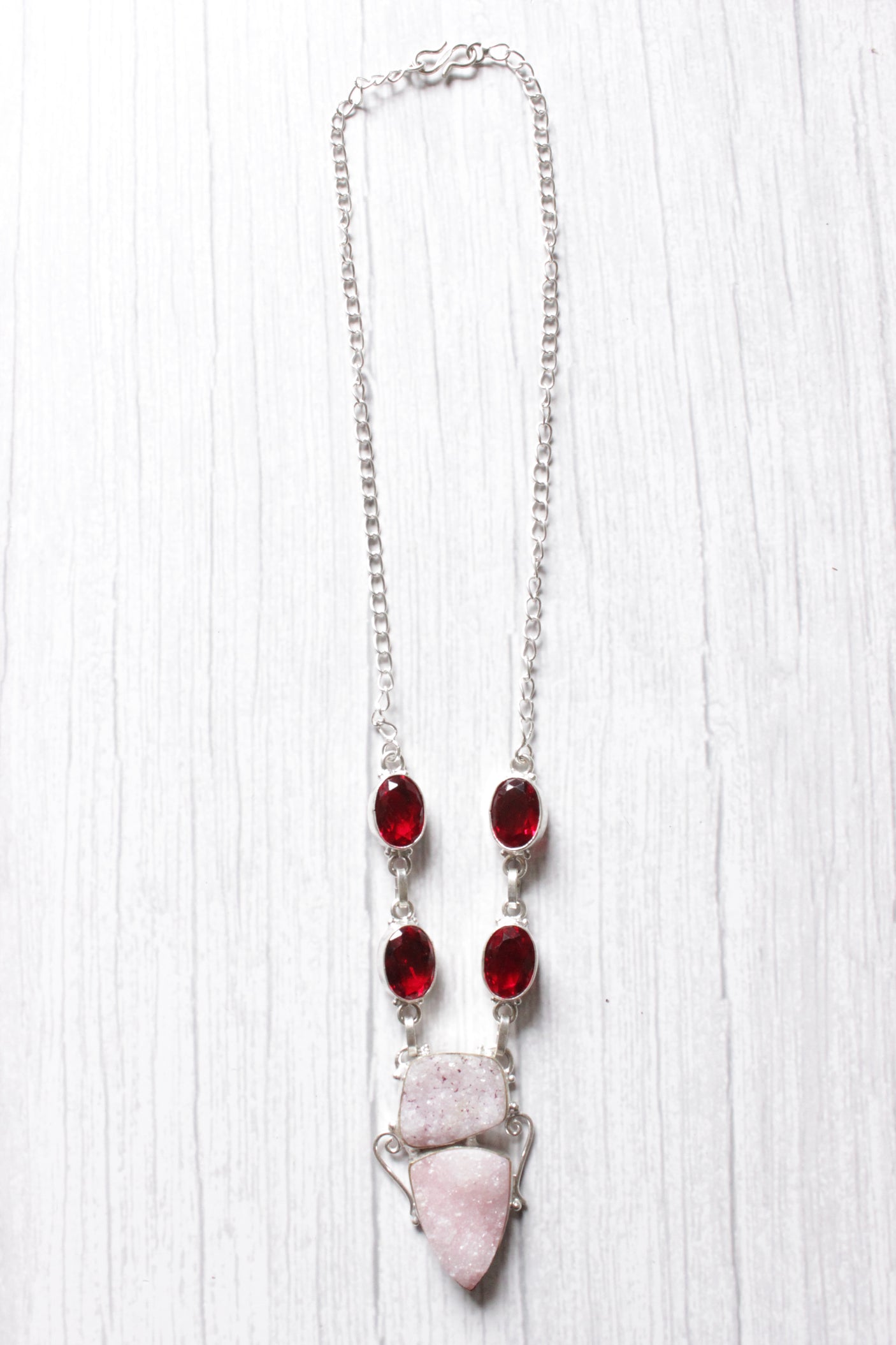 Crystal Druzy and Garnet Druzy Natural Gemstone Embedded Silver Plated Necklace