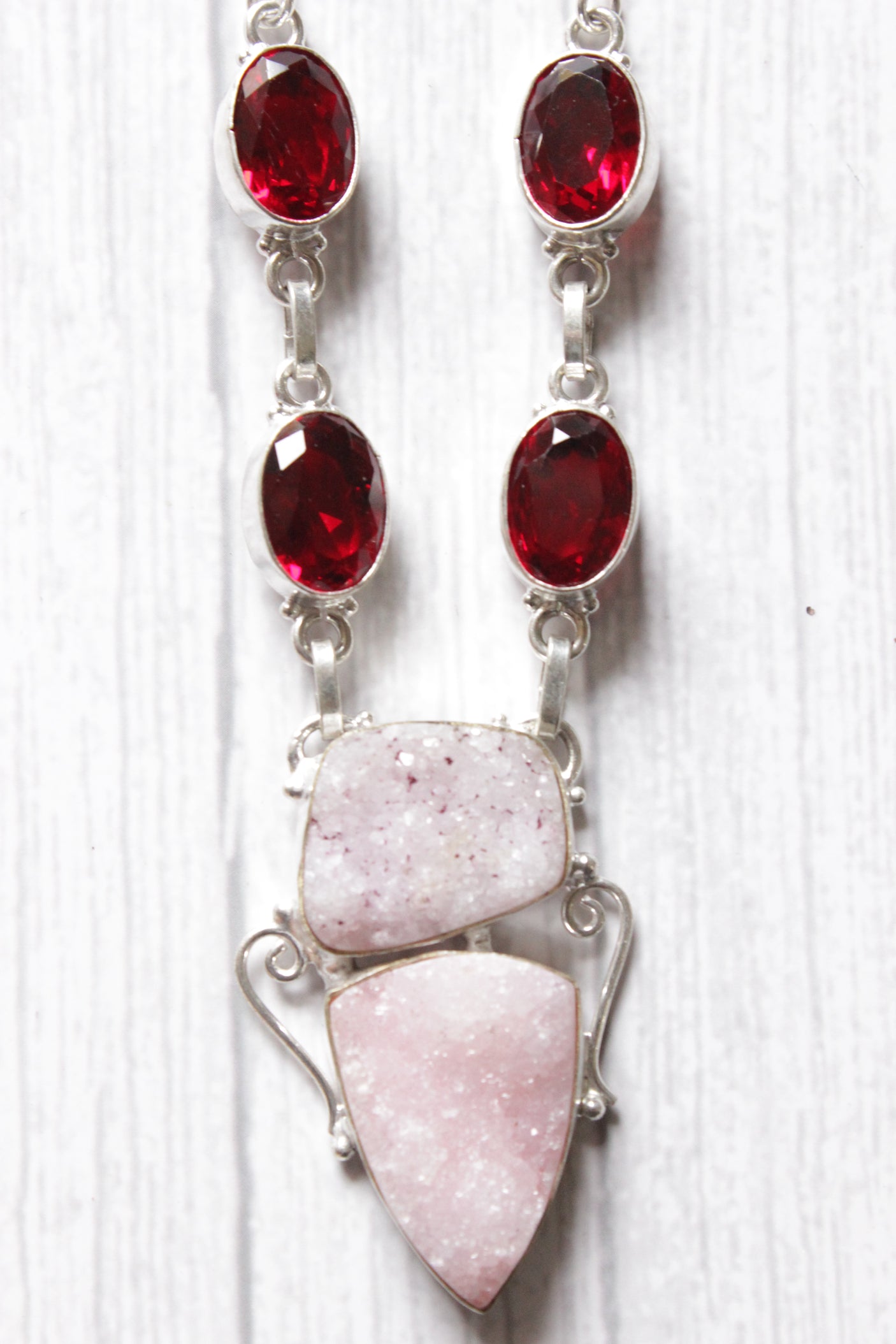Crystal Druzy and Garnet Druzy Natural Gemstone Embedded Silver Plated Necklace
