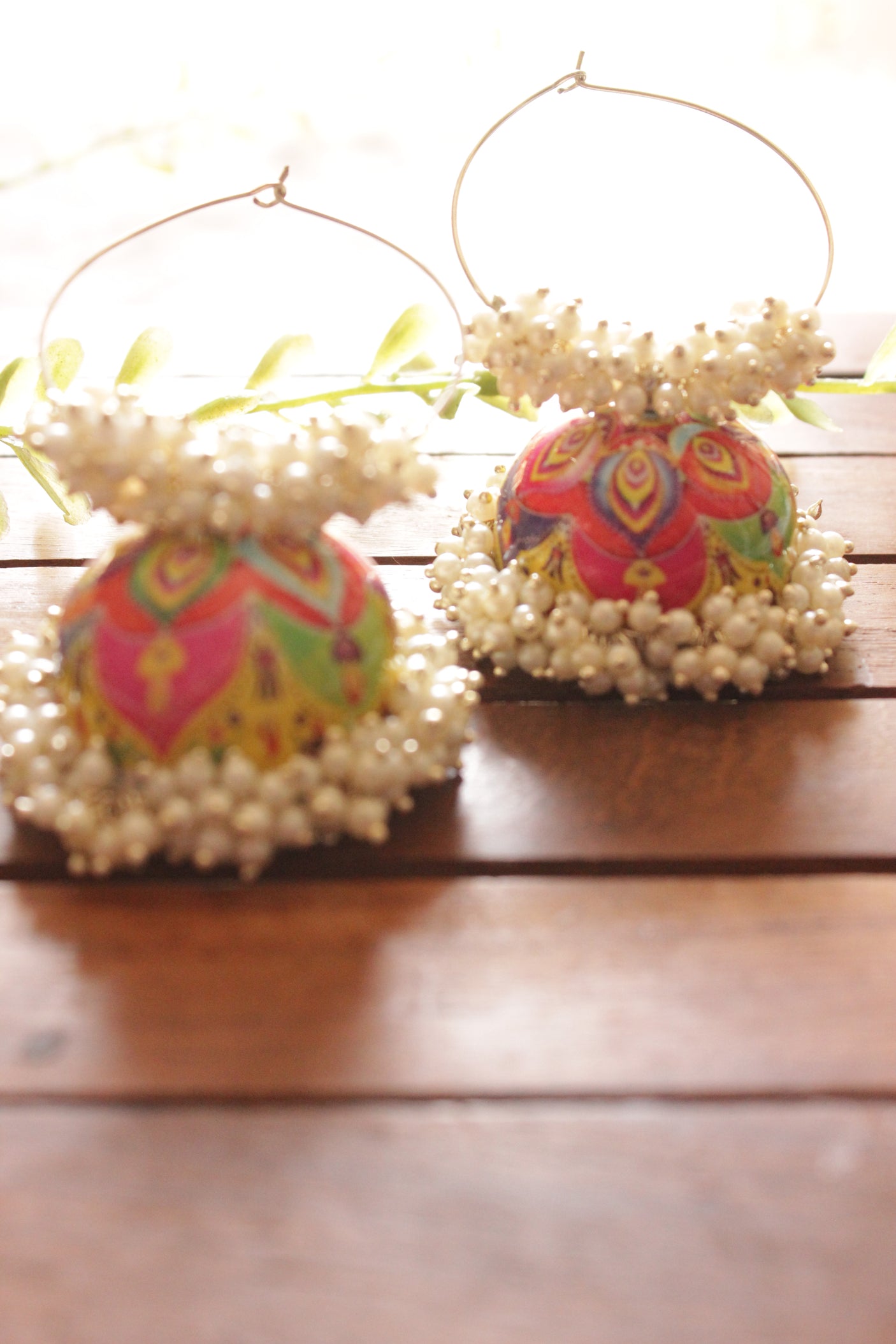 Hand Painted Vibrant Multi-Color Jhumka Earrings Accentuated with White Beads