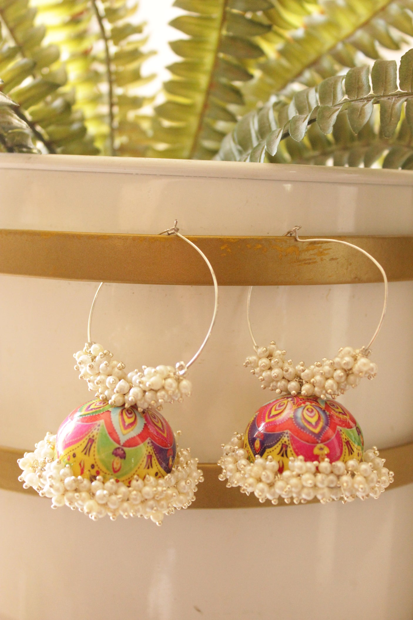 Hand Painted Vibrant Multi-Color Jhumka Earrings Accentuated with White Beads