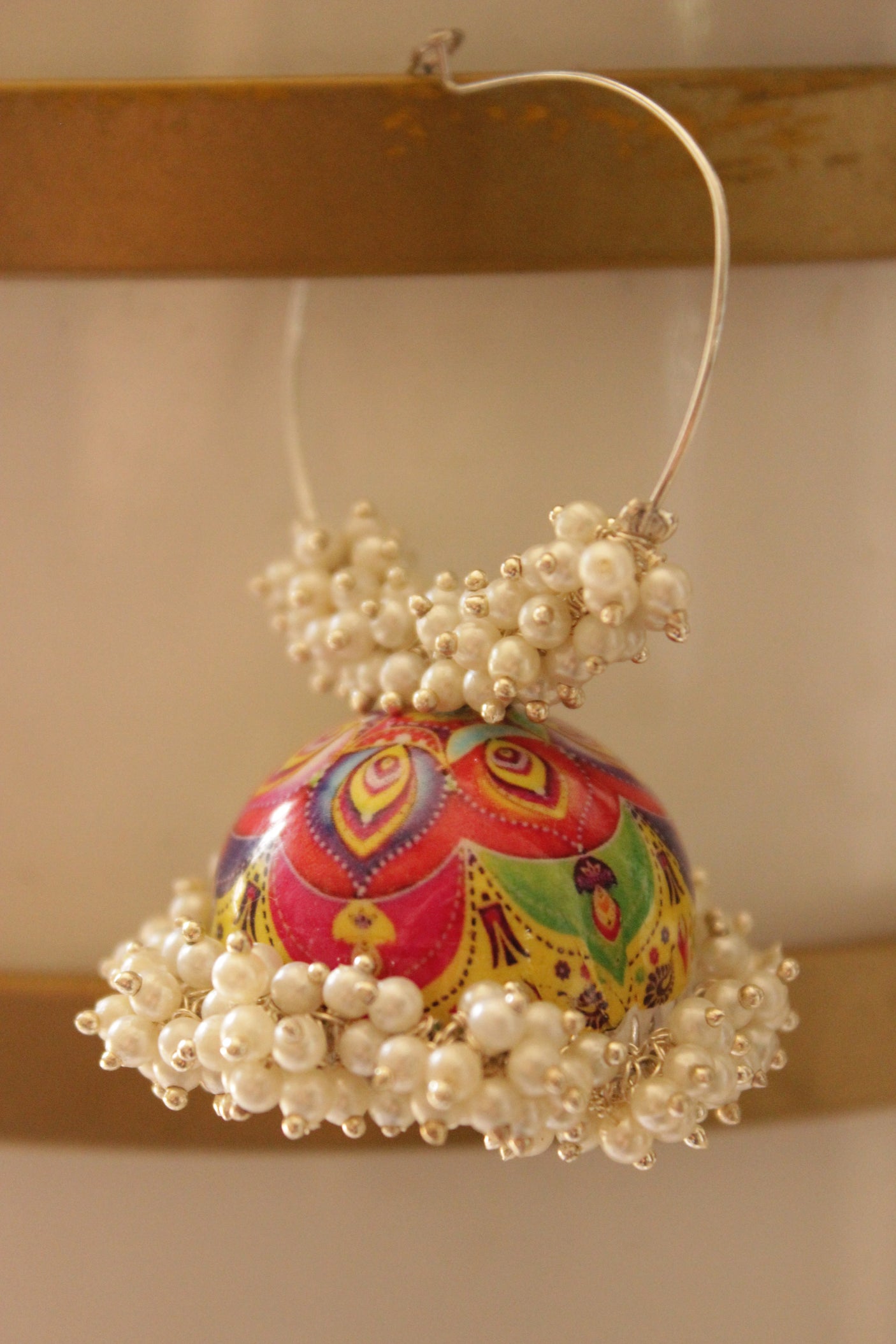 Hand Painted Vibrant Multi-Color Jhumka Earrings Accentuated with White Beads