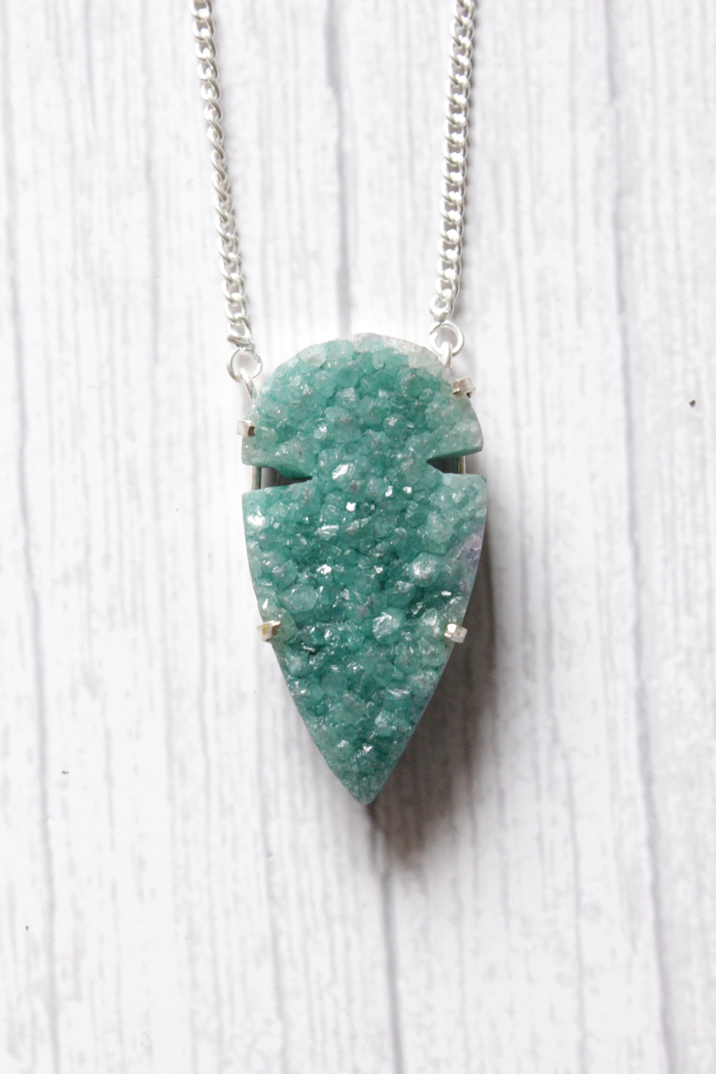 Leaf Green Crystal Druzy Natural Gemstone Embedded Silver Plated Necklace