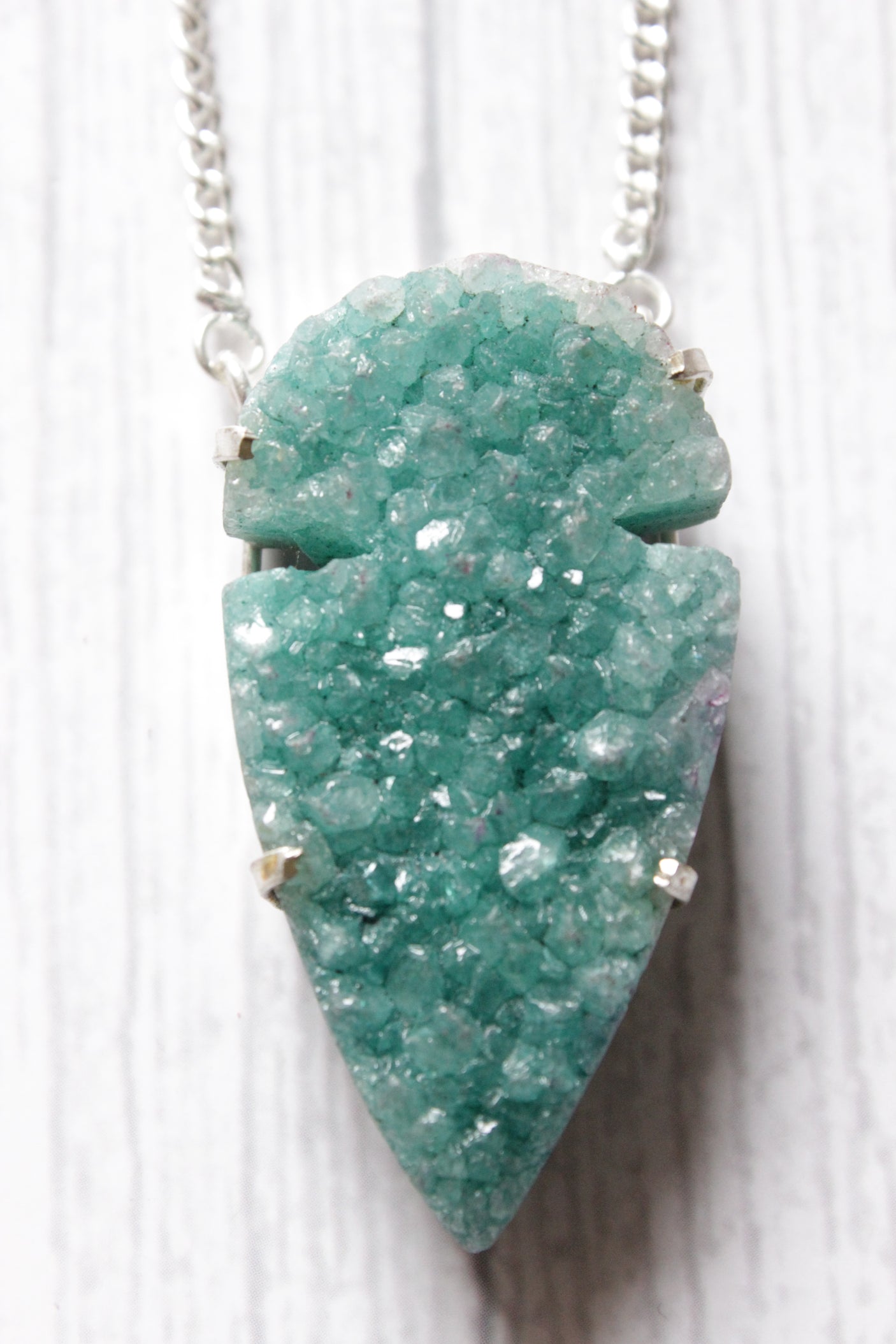 Leaf Green Crystal Druzy Natural Gemstone Embedded Silver Plated Necklace