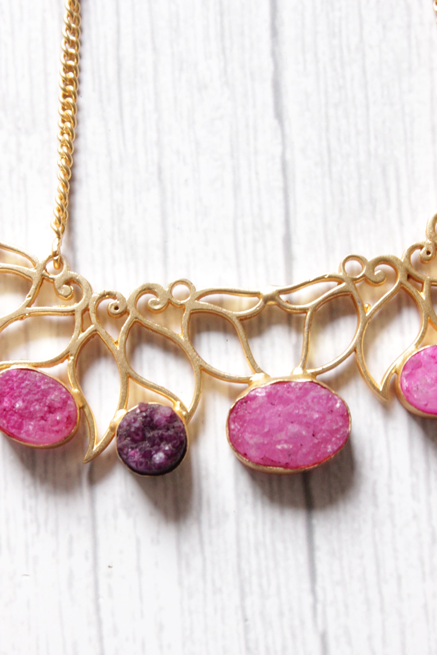 Pink Titanium Druzy Natural Gemstone Embedded Gold Plated Necklace