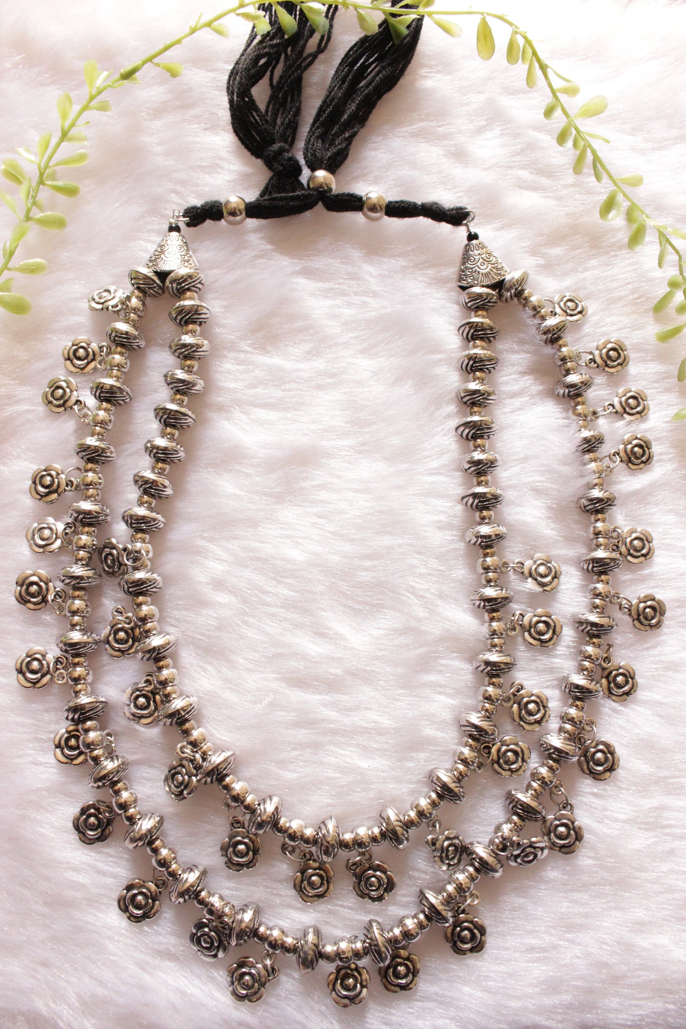 Flower Motifs Metal Charms and Beads Thread Closure 2 Layer Necklace