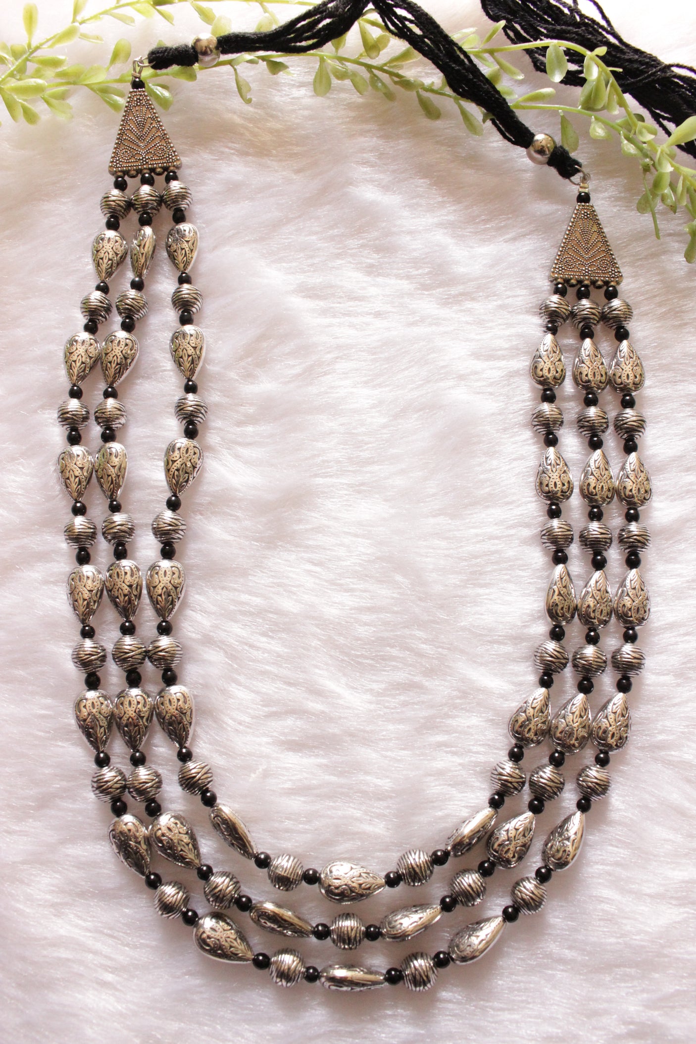 Metal and Black Beads Thread Closure 3 Layer Necklace