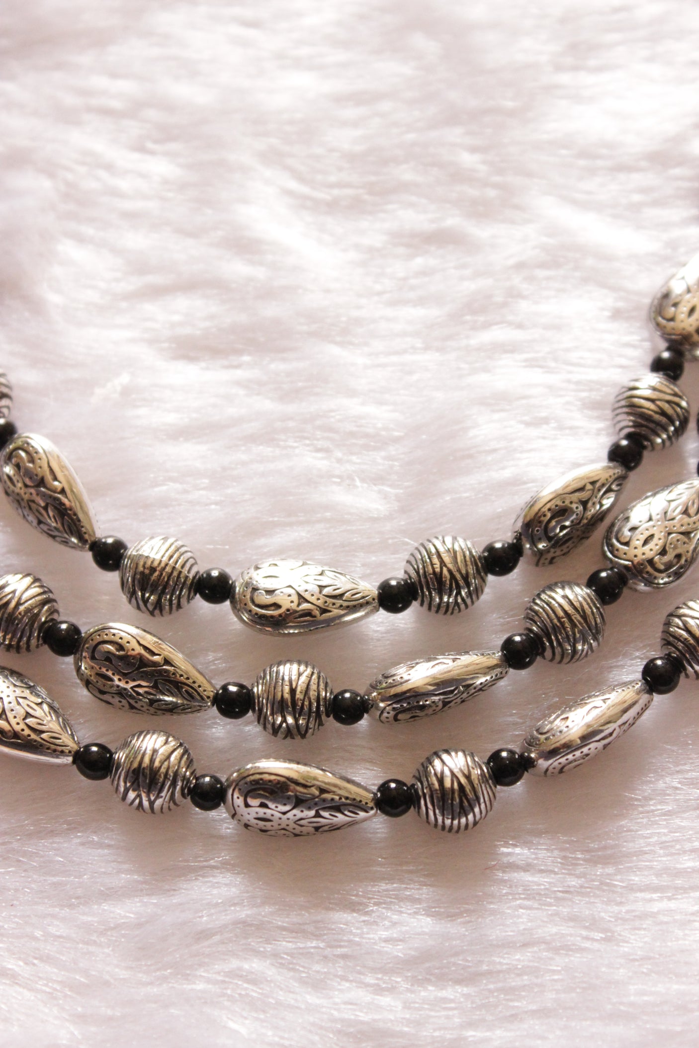 Metal and Black Beads Thread Closure 3 Layer Necklace