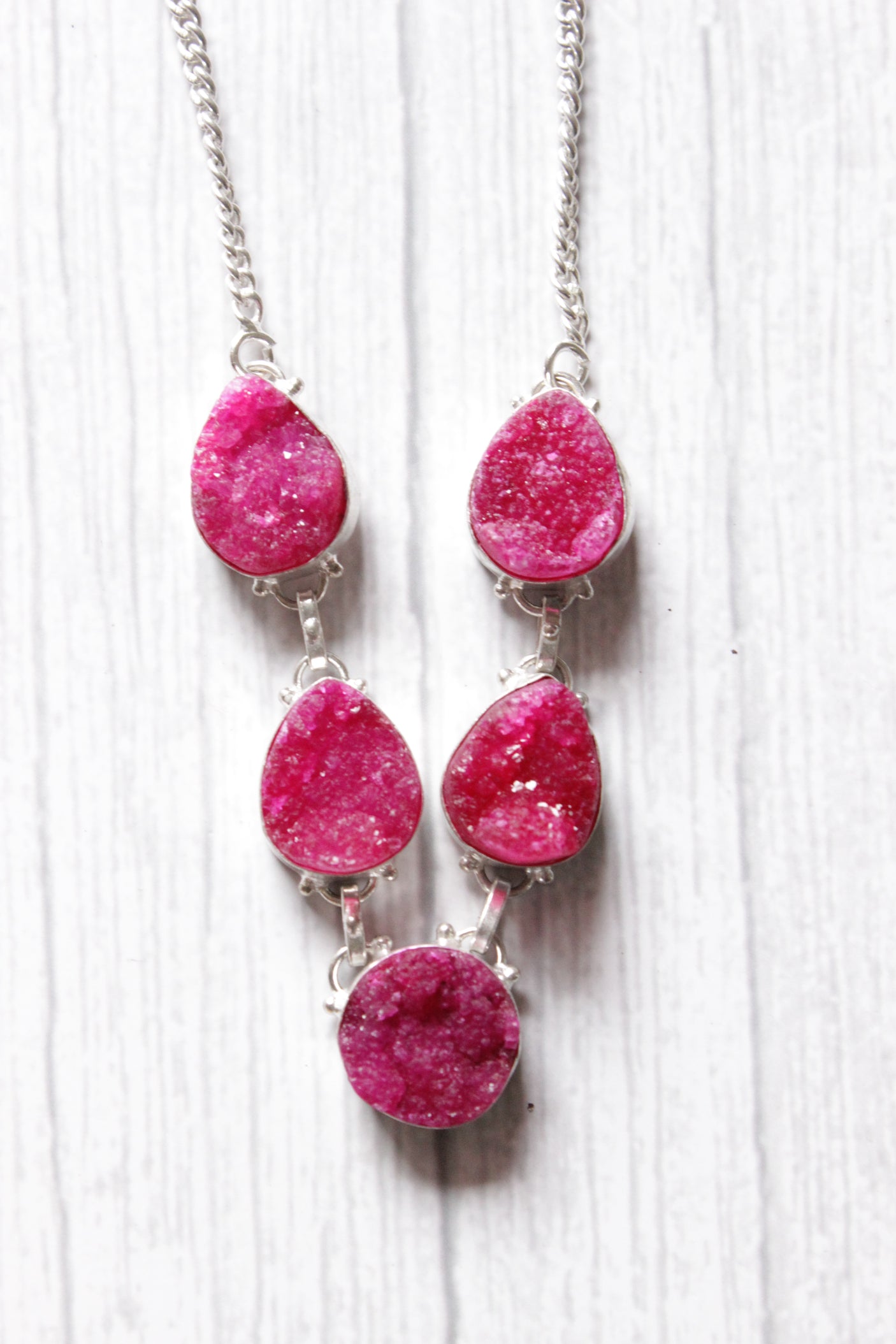 Pink Sugar Druzy Natural Gemstone Embedded Silver Plated Necklace