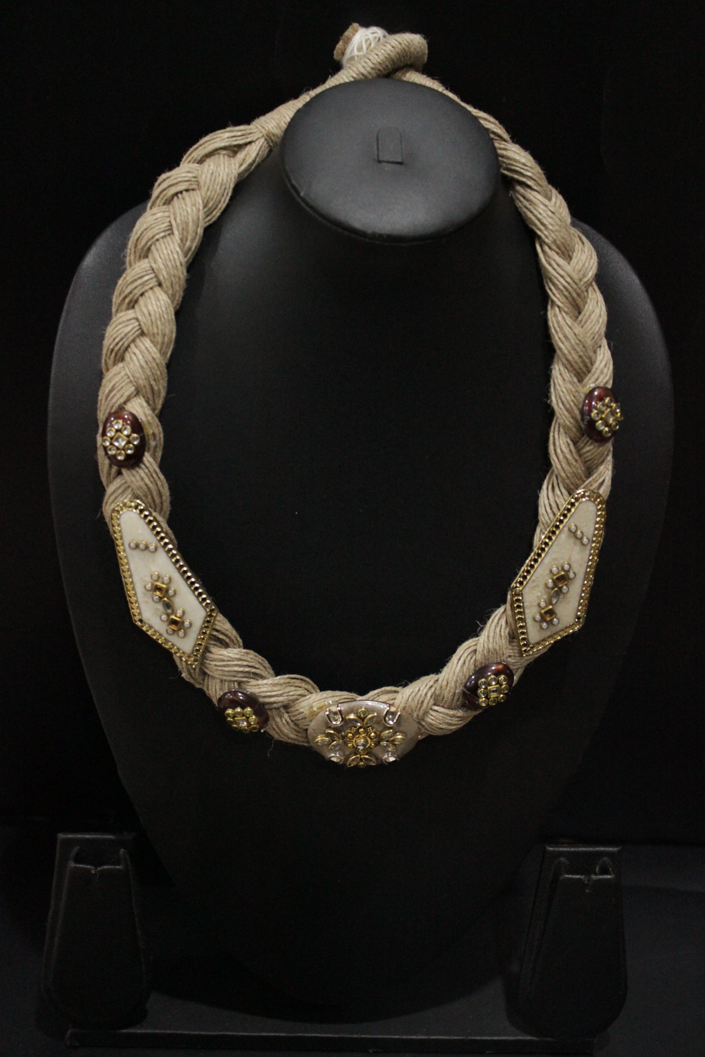 Multiple Jute Strings Hand Braided Necklace with Charms