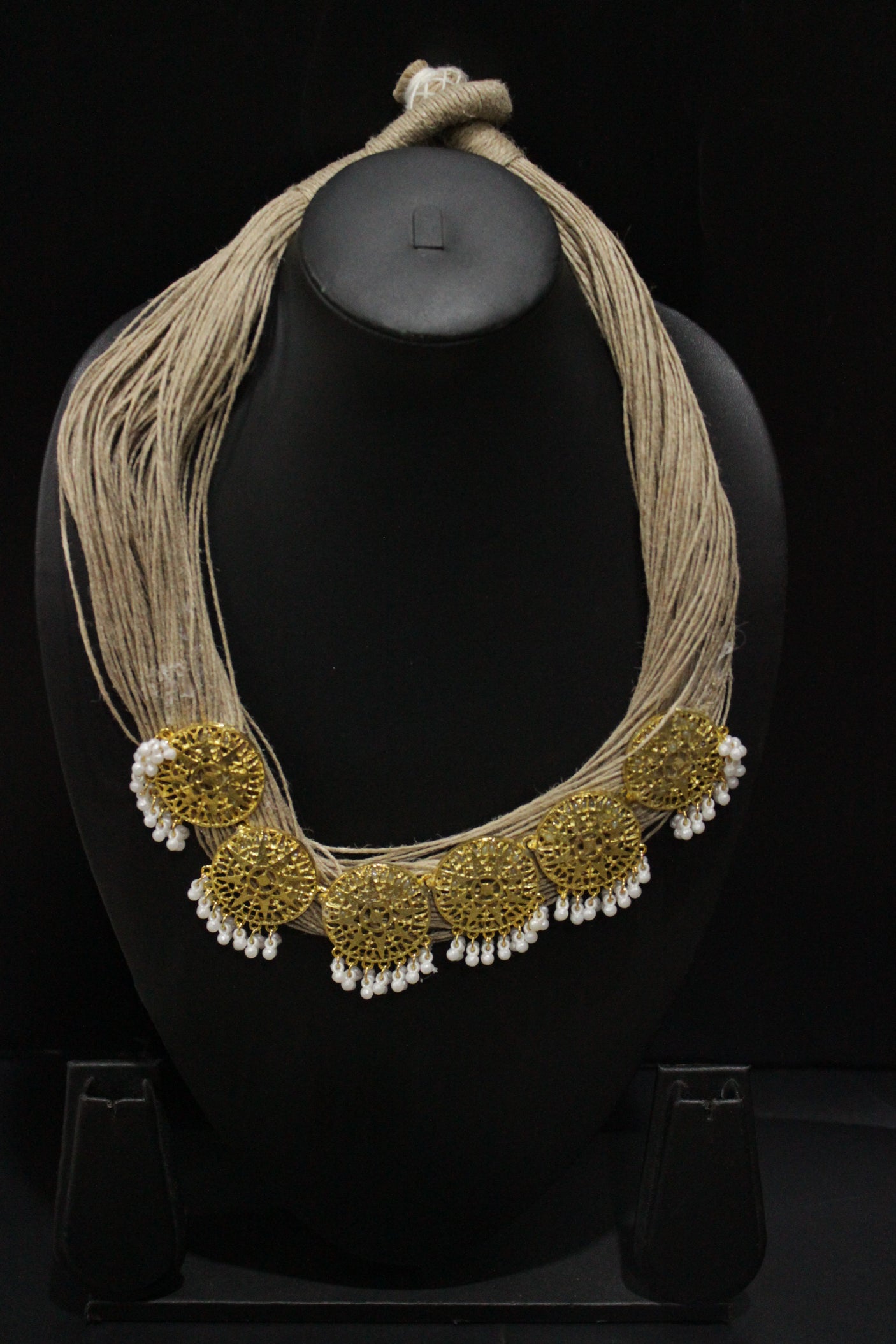 Multiple Jute Strings Hand Braided Necklace with Gold Finish Metal Charms