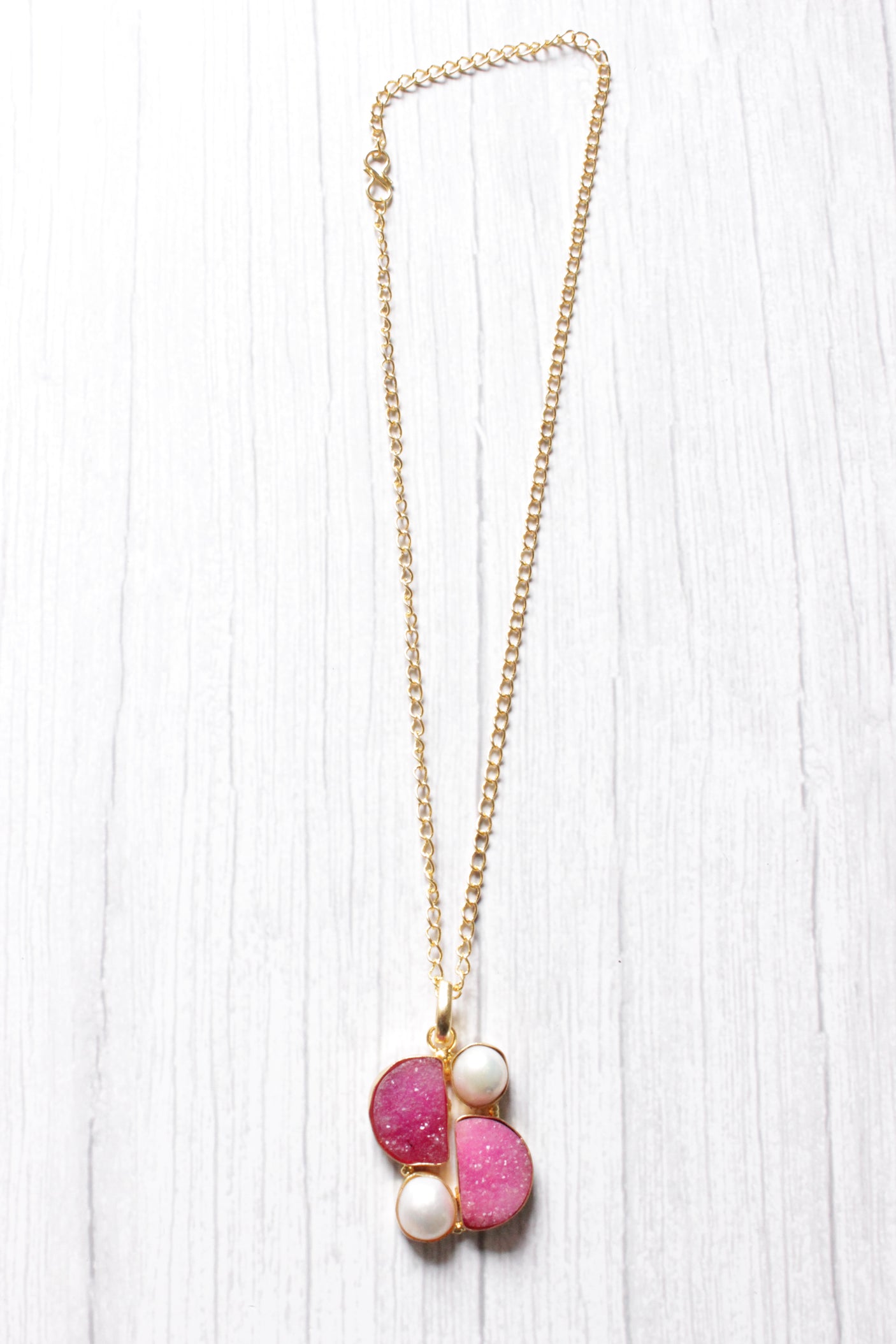 Baroque Pink Sugar Druzy Natural Gemstone Embedded Gold Plated Necklace