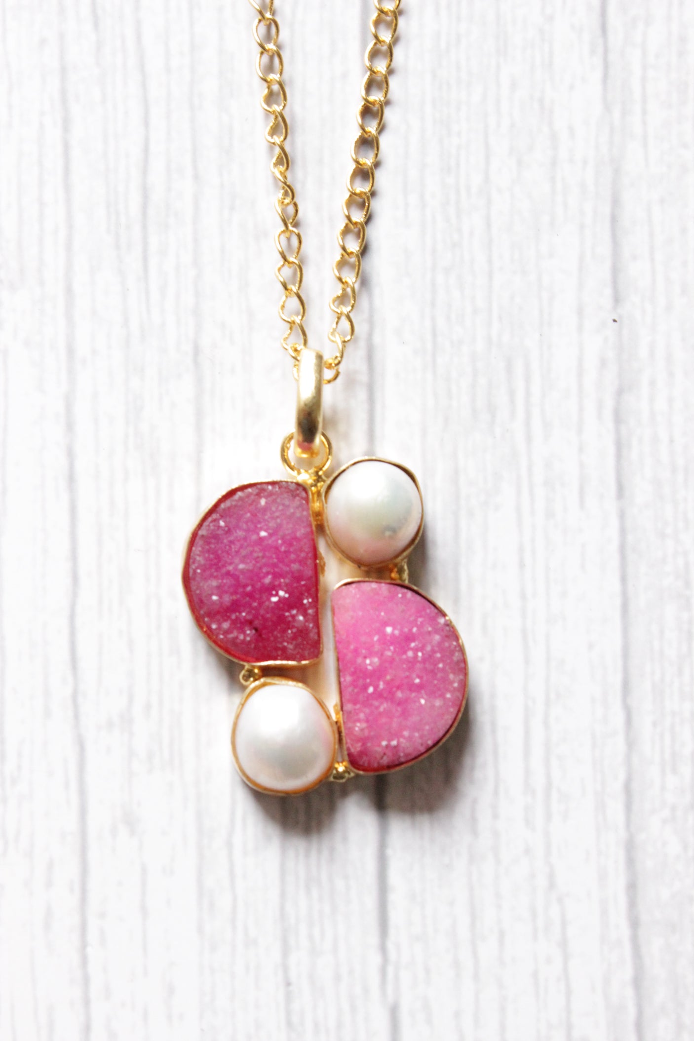 Baroque Pink Sugar Druzy Natural Gemstone Embedded Gold Plated Necklace