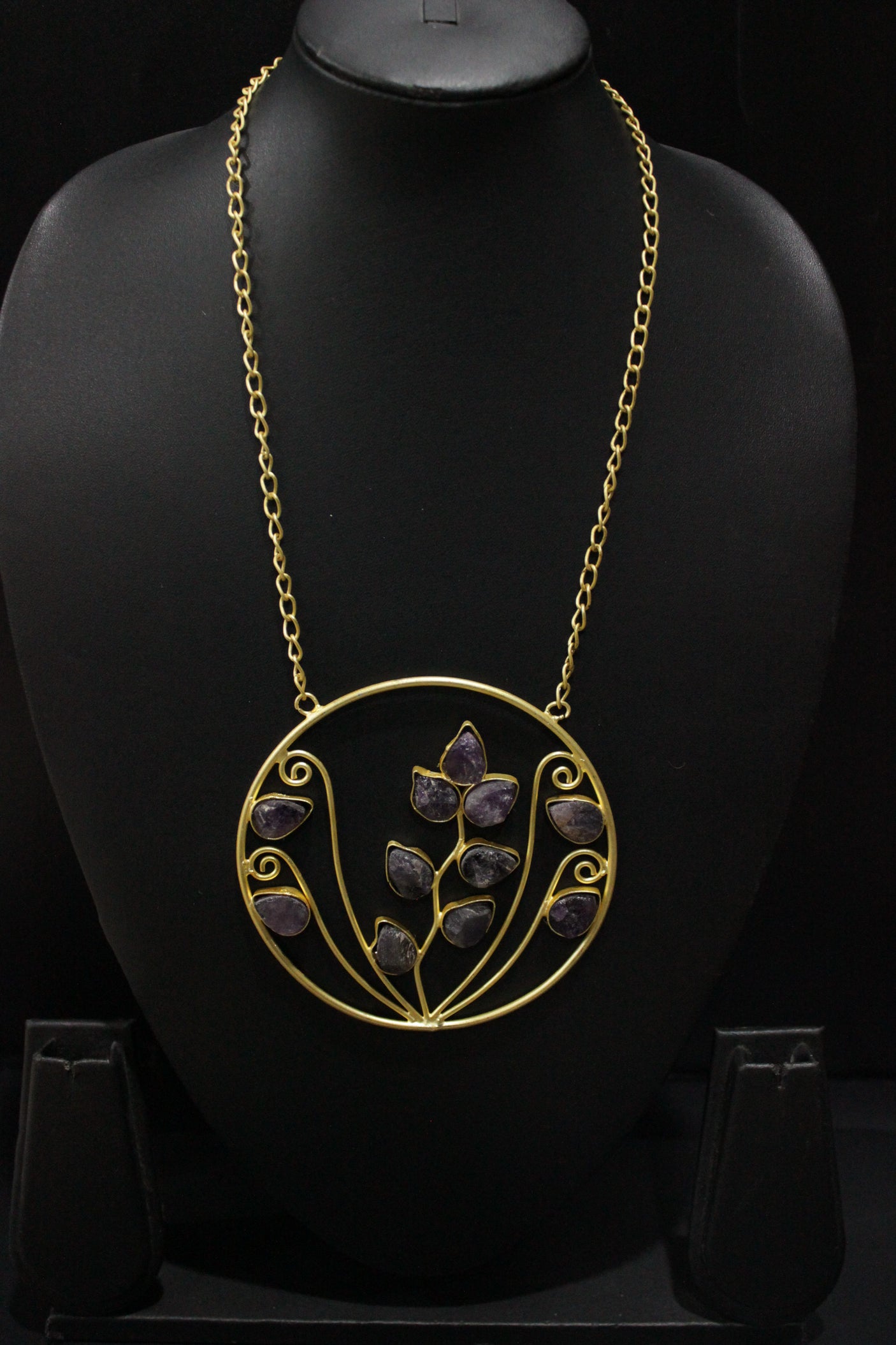 Purple Sugar Druzy Raw Natural Gemstones Embedded Statement Circular Pendant Gold Finish Brass Necklace