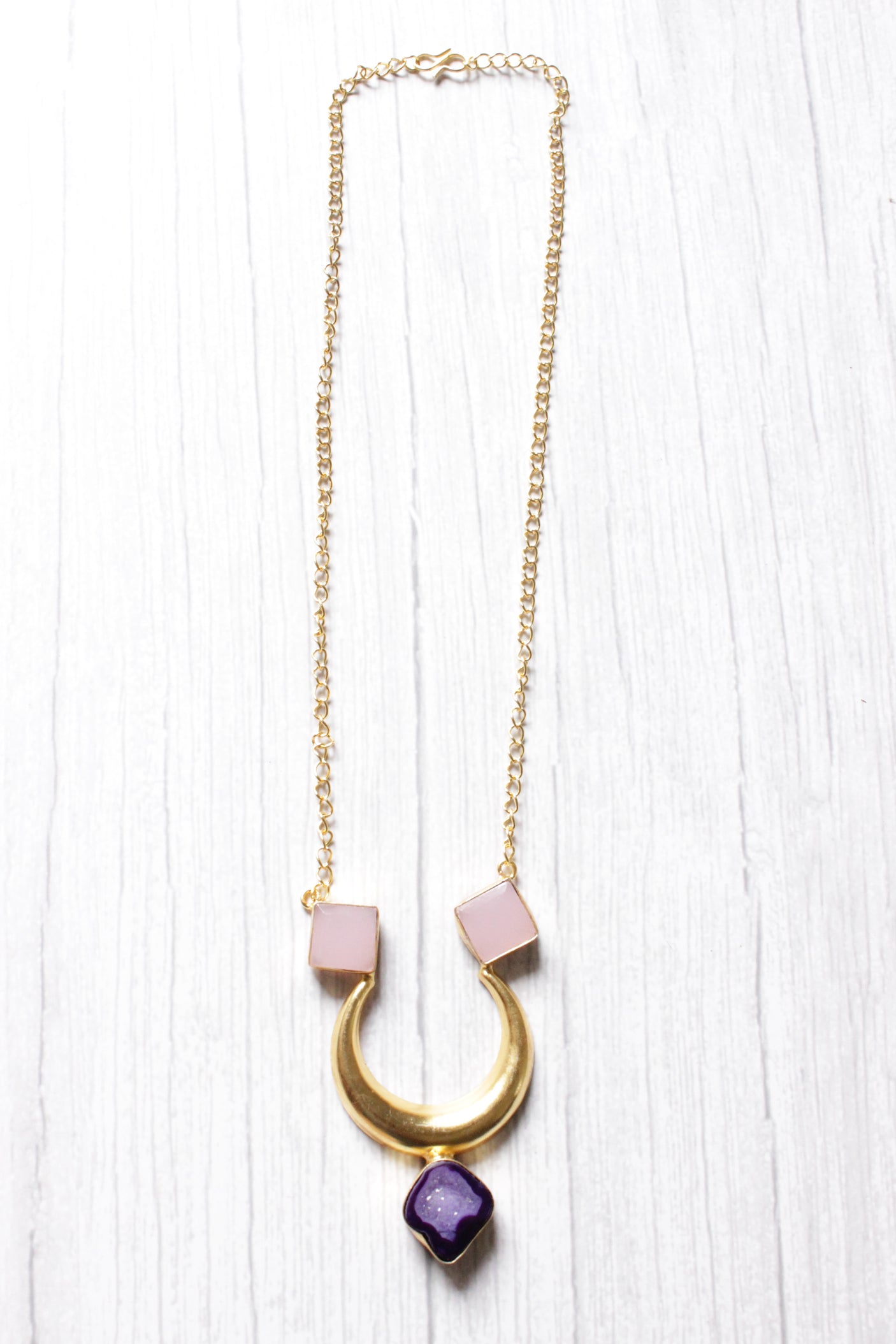 Slice Gate Quartz Natural Gemstone Embedded Gold Plated Half Moon Necklace