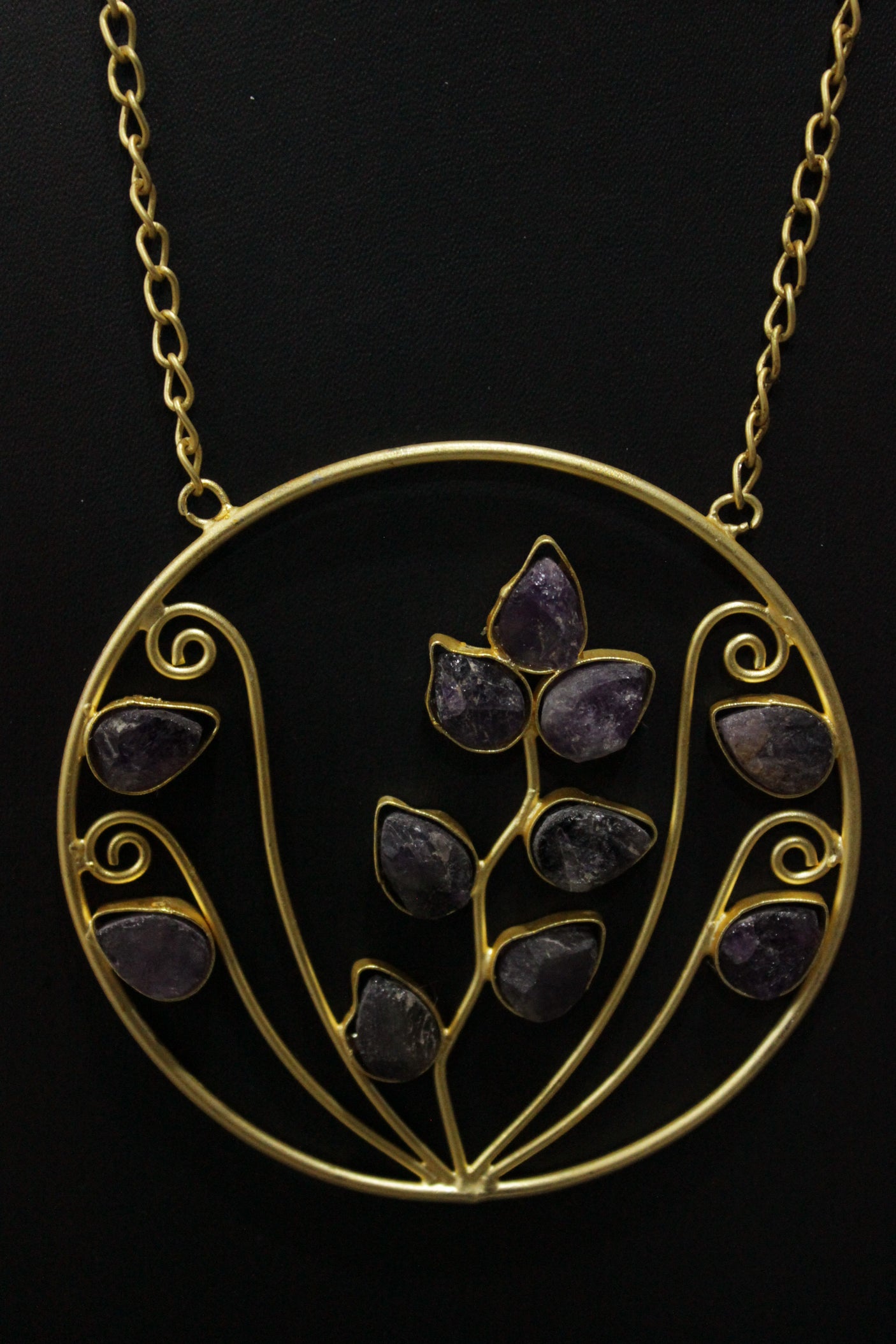 Purple Sugar Druzy Raw Natural Gemstones Embedded Statement Circular Pendant Gold Finish Brass Necklace