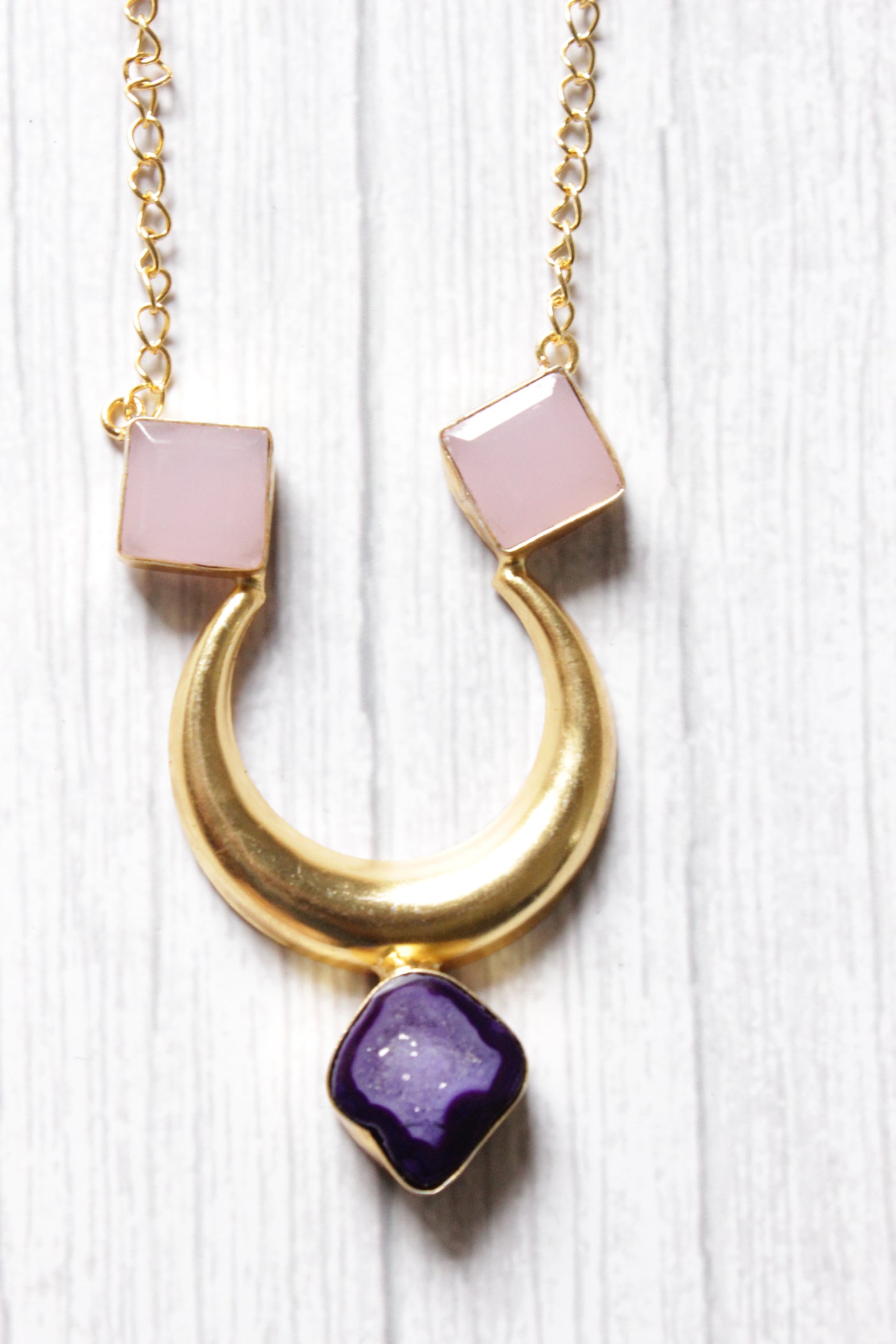 Slice Gate Quartz Natural Gemstone Embedded Gold Plated Half Moon Necklace