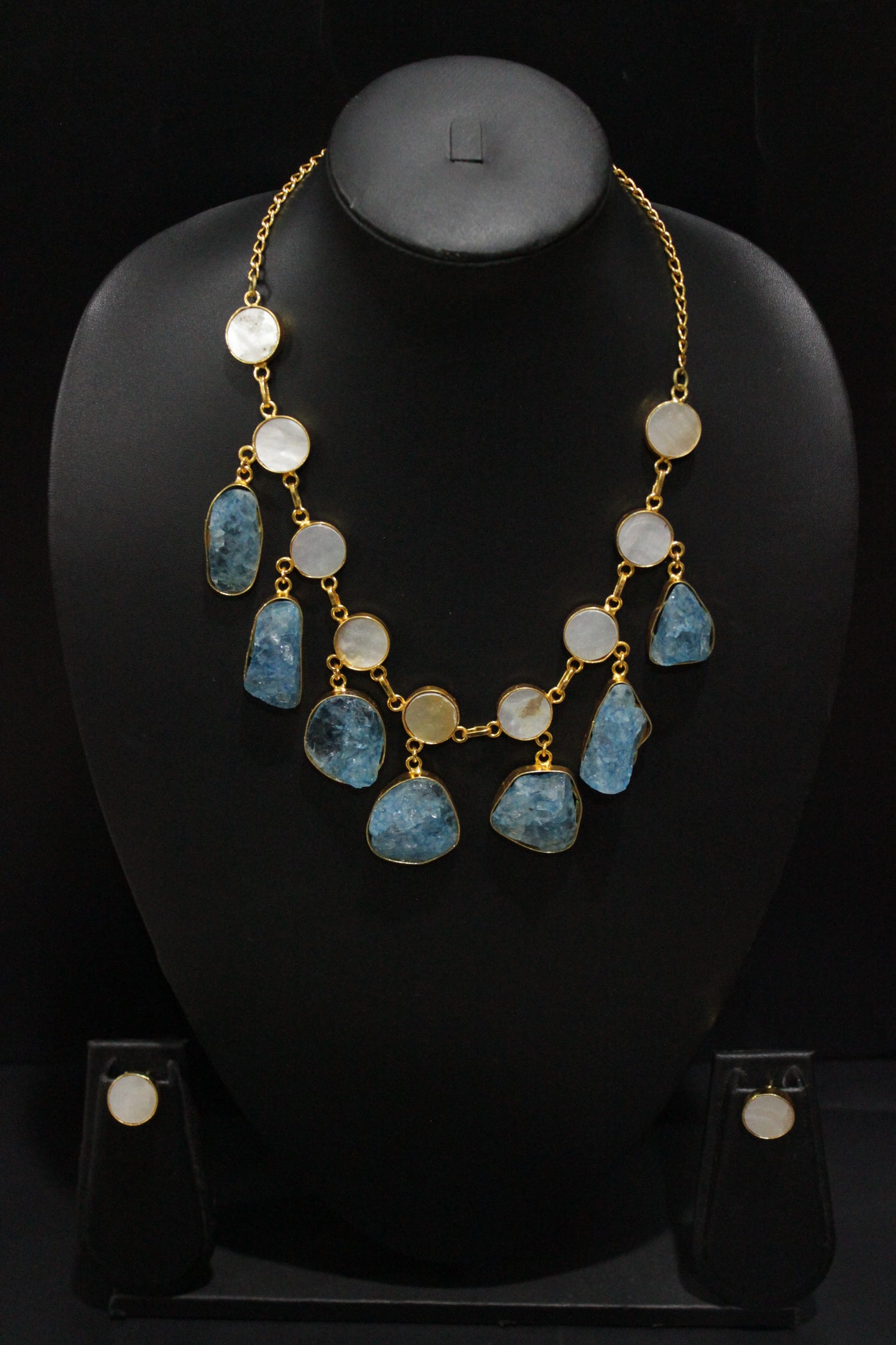 Sea Blue and Ivory Raw Natural Gemstones Embedded Necklace Set with Stud Earrings