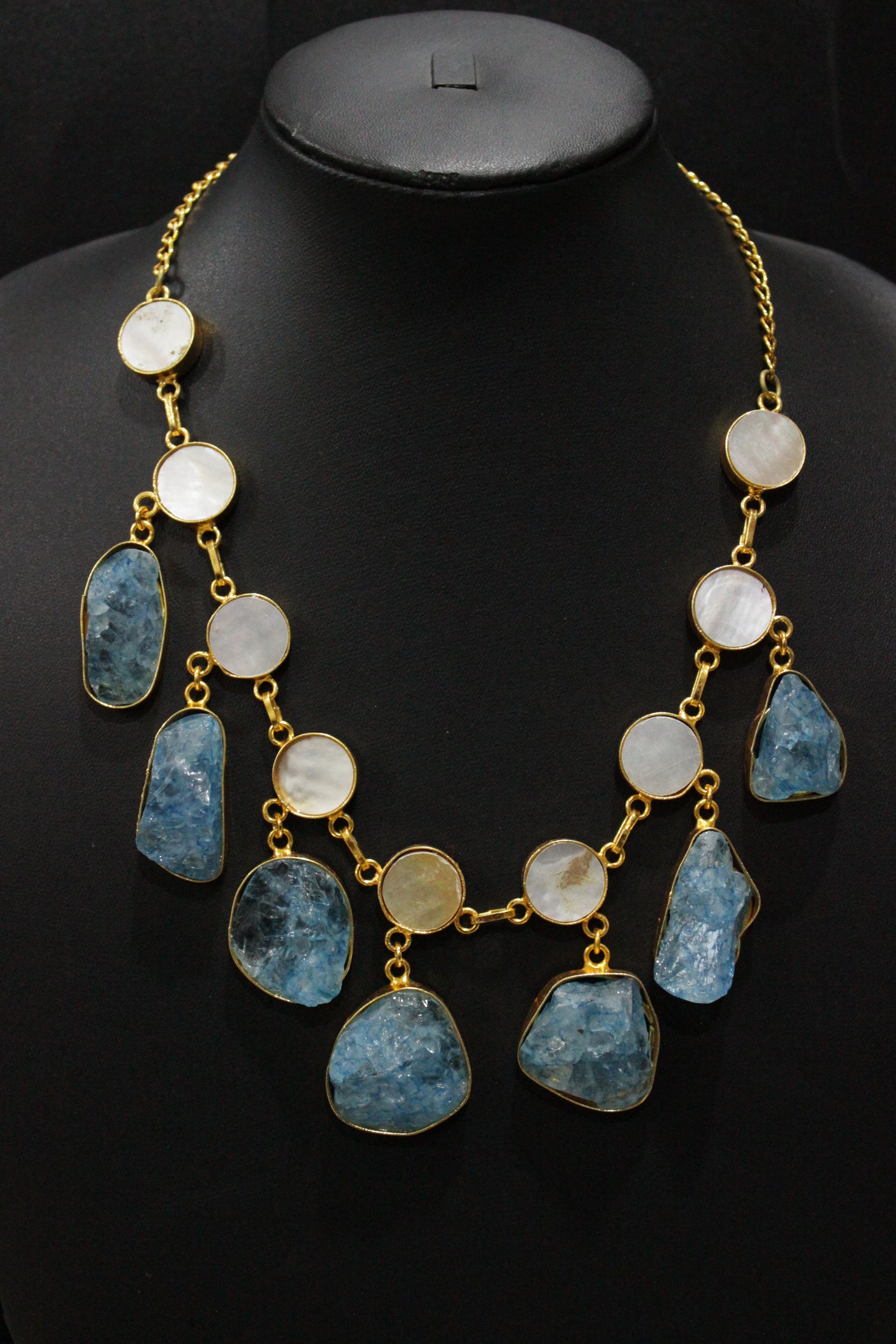 Sea Blue and Ivory Raw Natural Gemstones Embedded Necklace Set with Stud Earrings