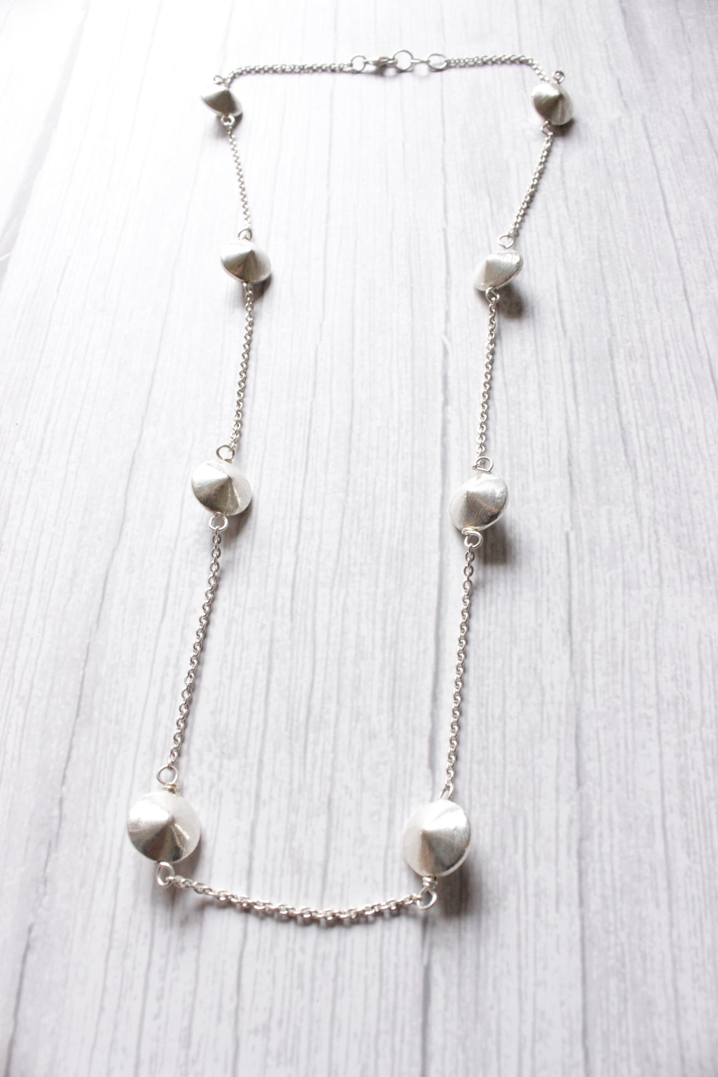 Pyramid Bead Connector Chain Silver Plated Long Necklace