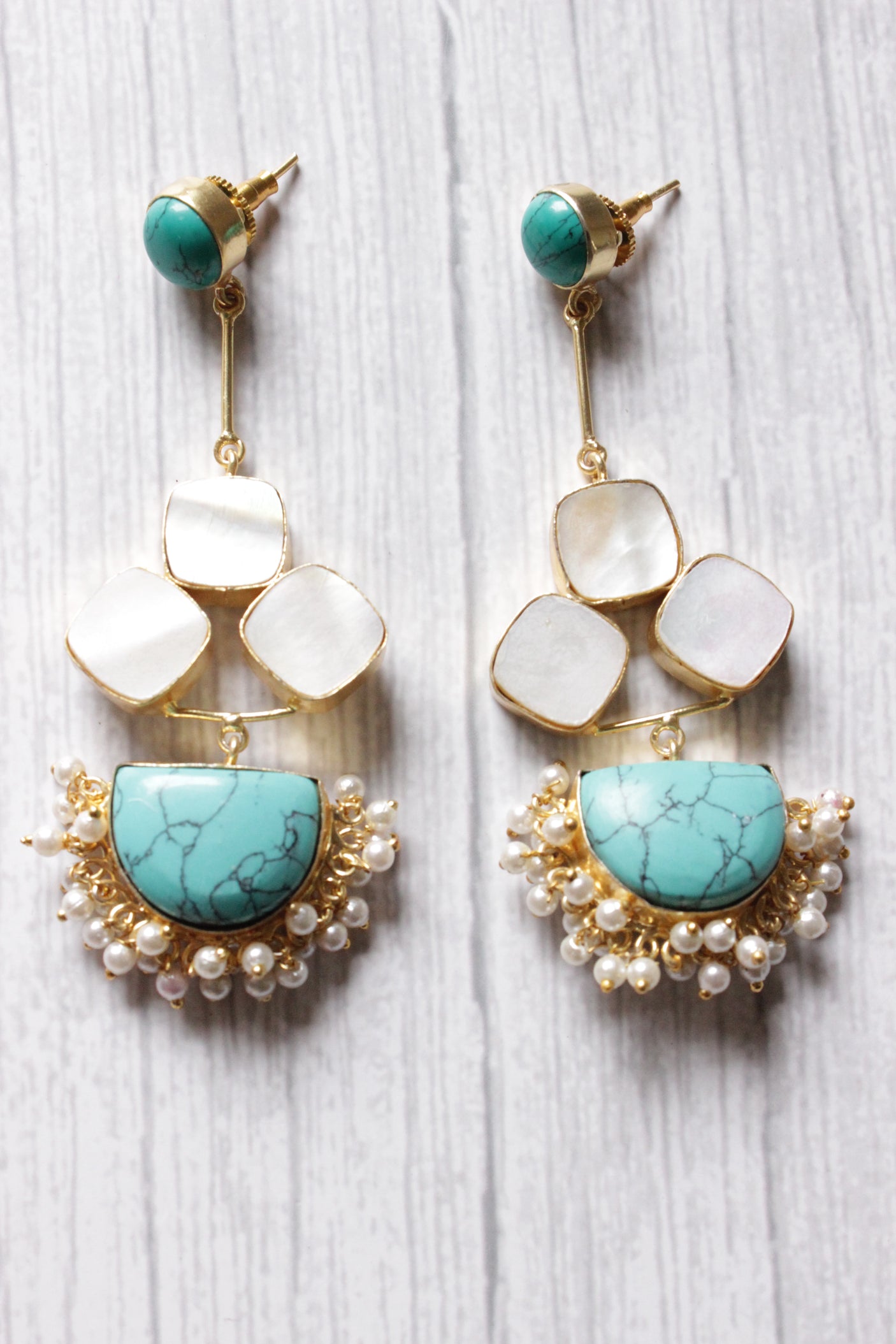 Turquoise Pearl Natural Gemstone Embedded D Shaped Gold Plated Handmade Stud Earrings