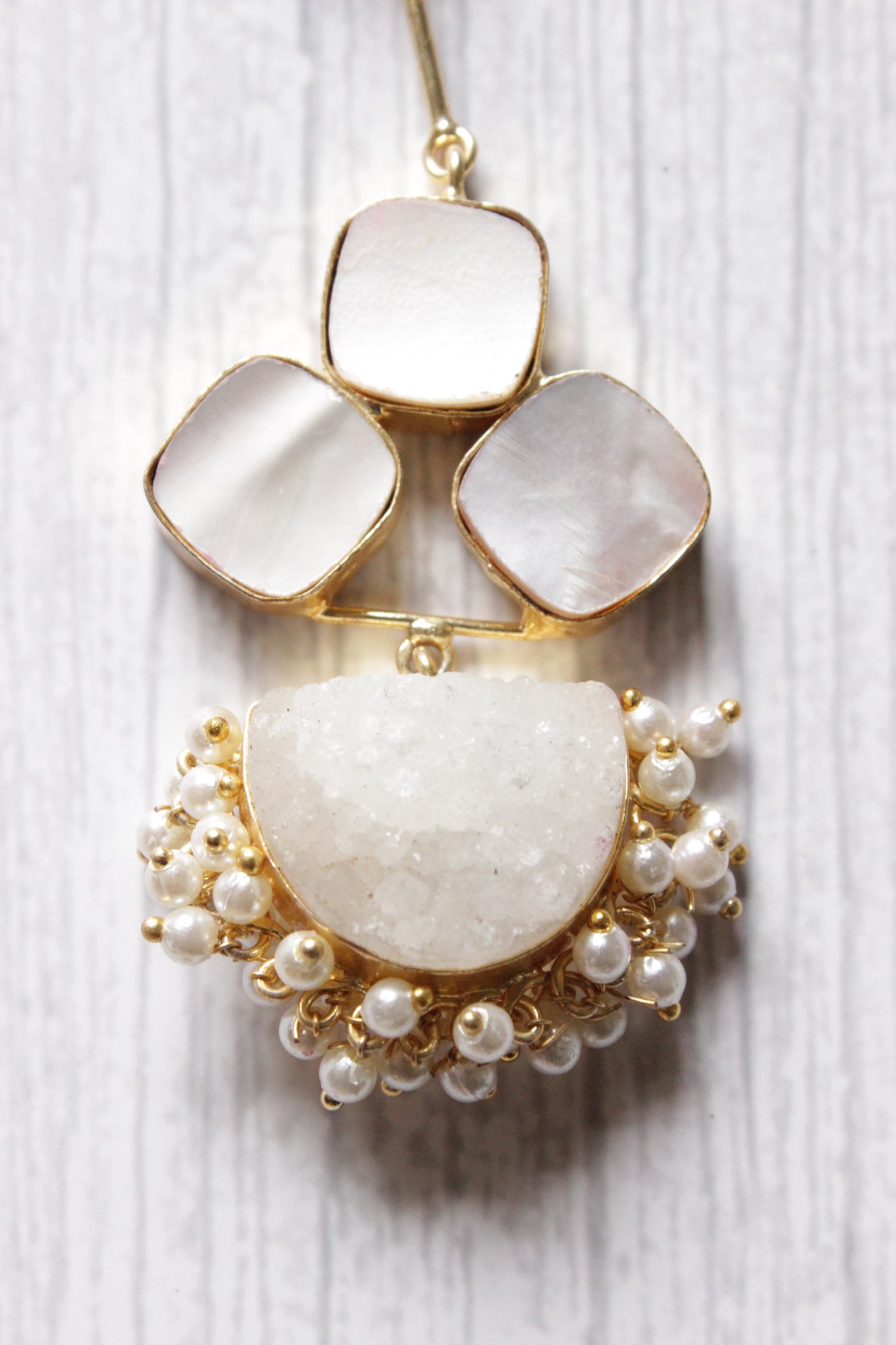 Titanium Druzy Pearl Natural Gemstone Embedded D Shaped Gold Plated Handmade Stud Earrings