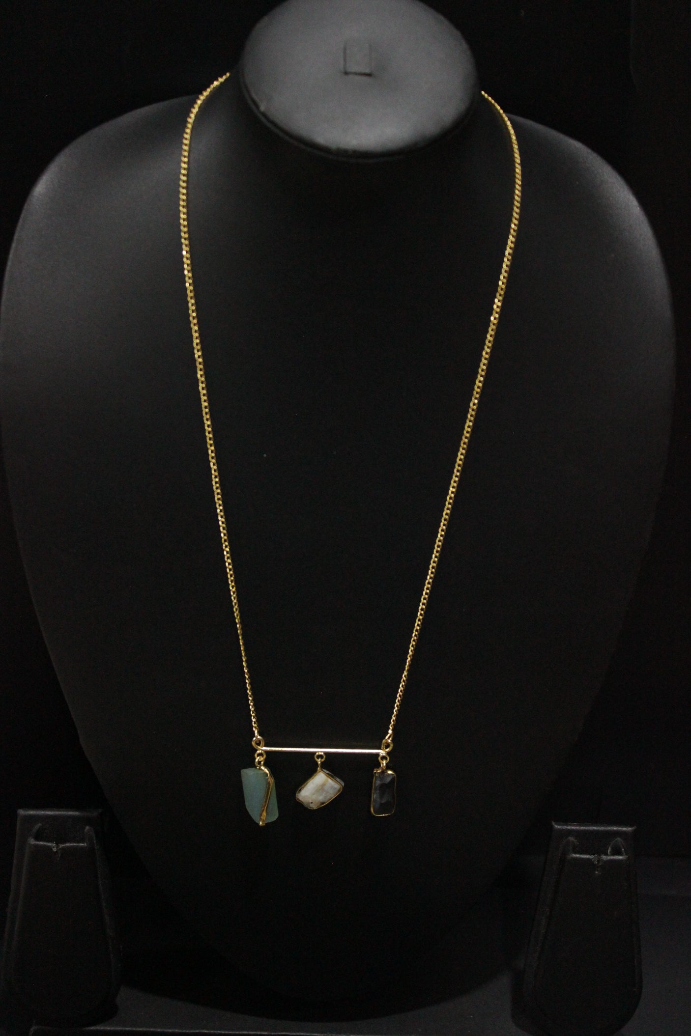 3 Multi-Color Raw Natural Gemstones Embedded Gold Finish Chain Necklace