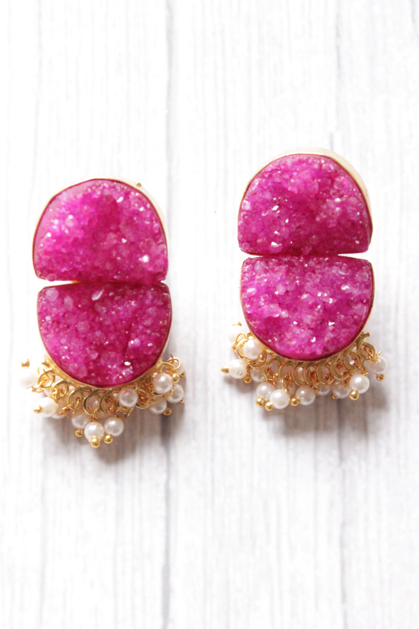 Purple Titanium Druzy Natural Gemstone Embedded D Shaped Gold Plated Handmade Stud Earrings