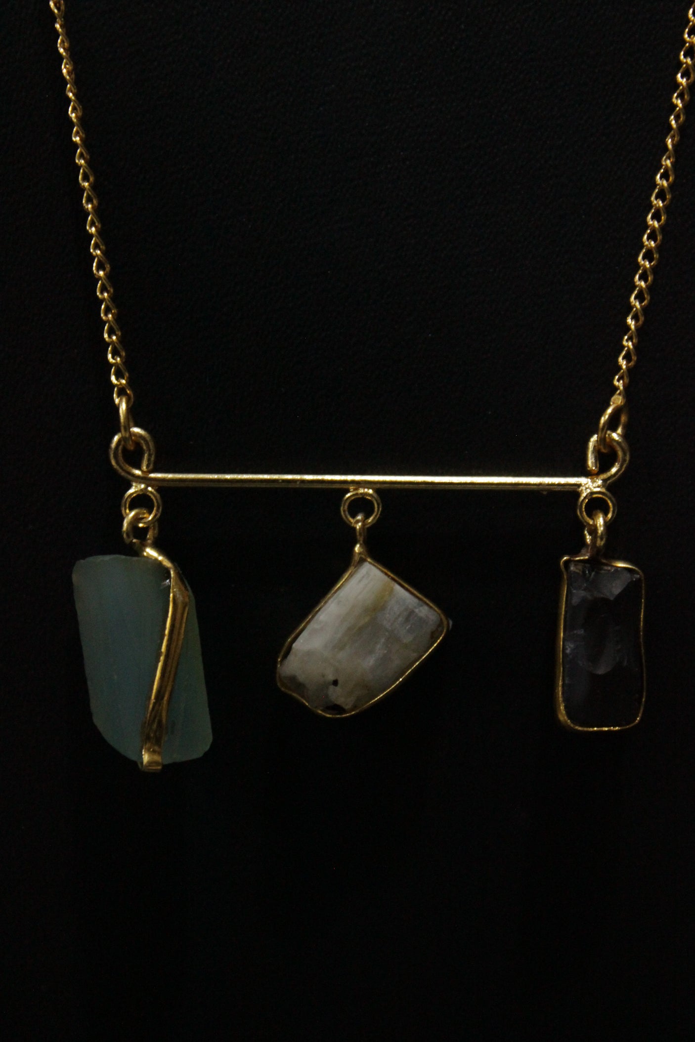 3 Multi-Color Raw Natural Gemstones Embedded Gold Finish Chain Necklace