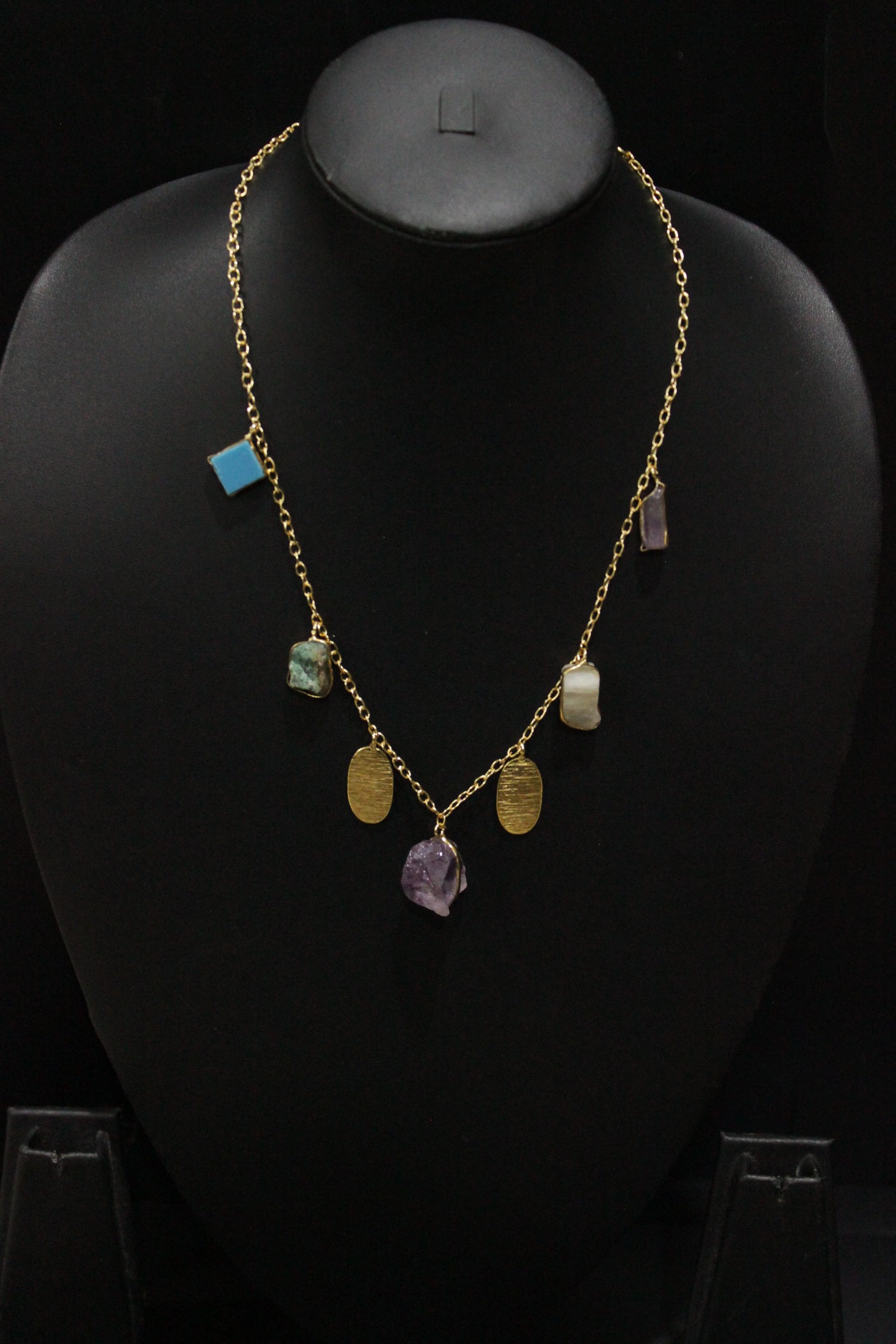 Multi-Color Raw Cut Natural Gemstones Embedded Gold Finish Chain Necklace