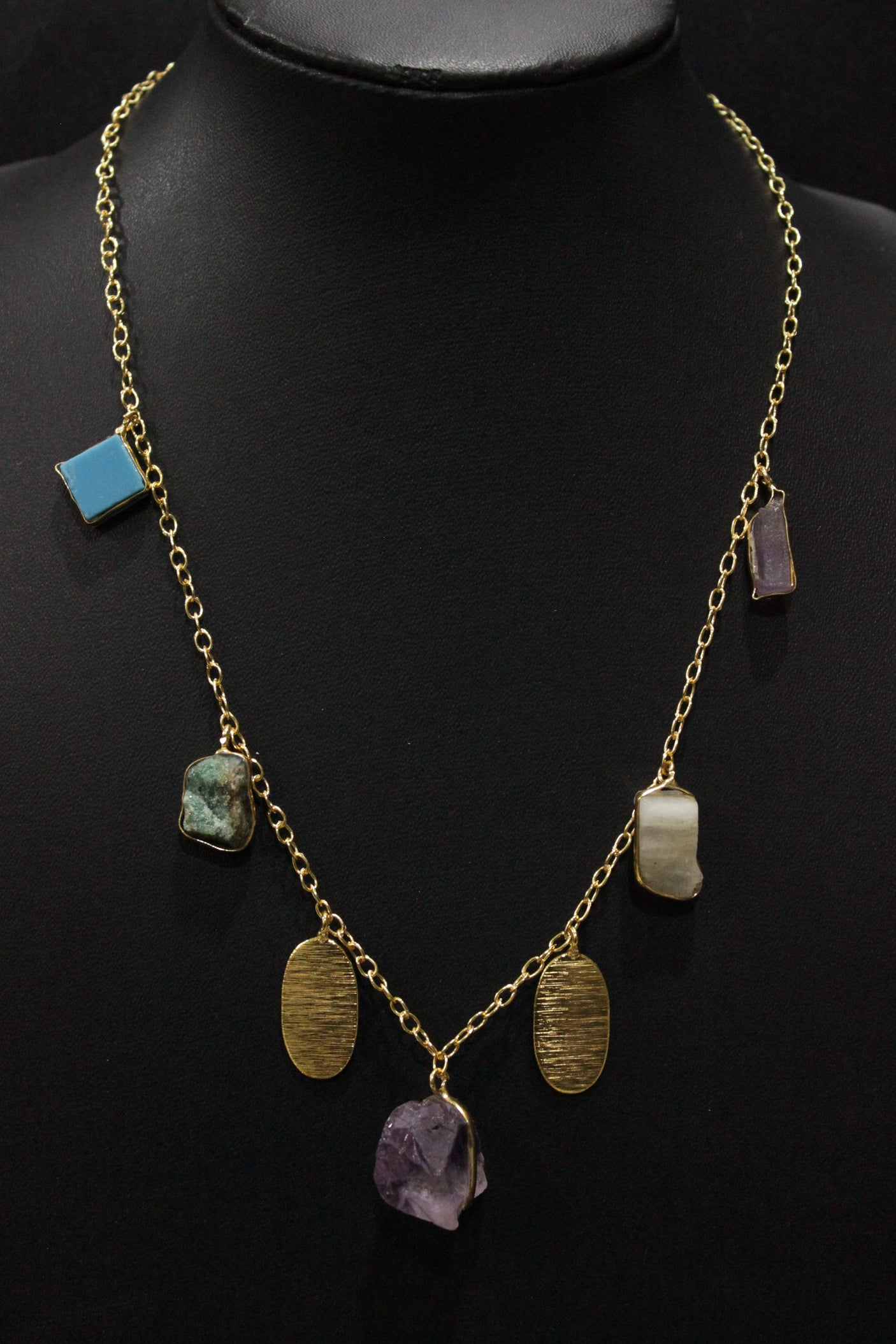 Multi-Color Raw Cut Natural Gemstones Embedded Gold Finish Chain Necklace