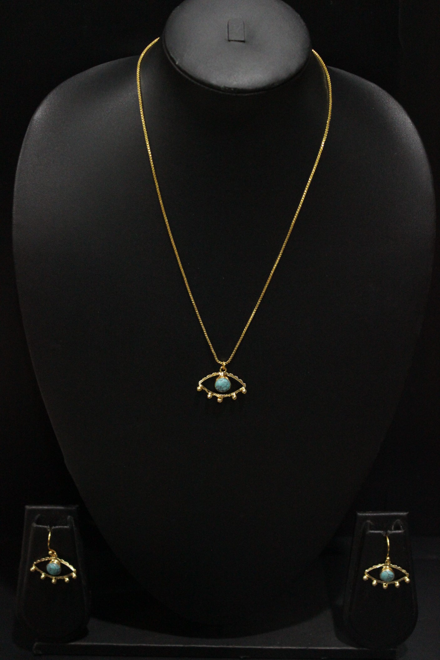 Turquoise Natural Gemstone Embedded Gold Finish Evil Eye Necklace Set