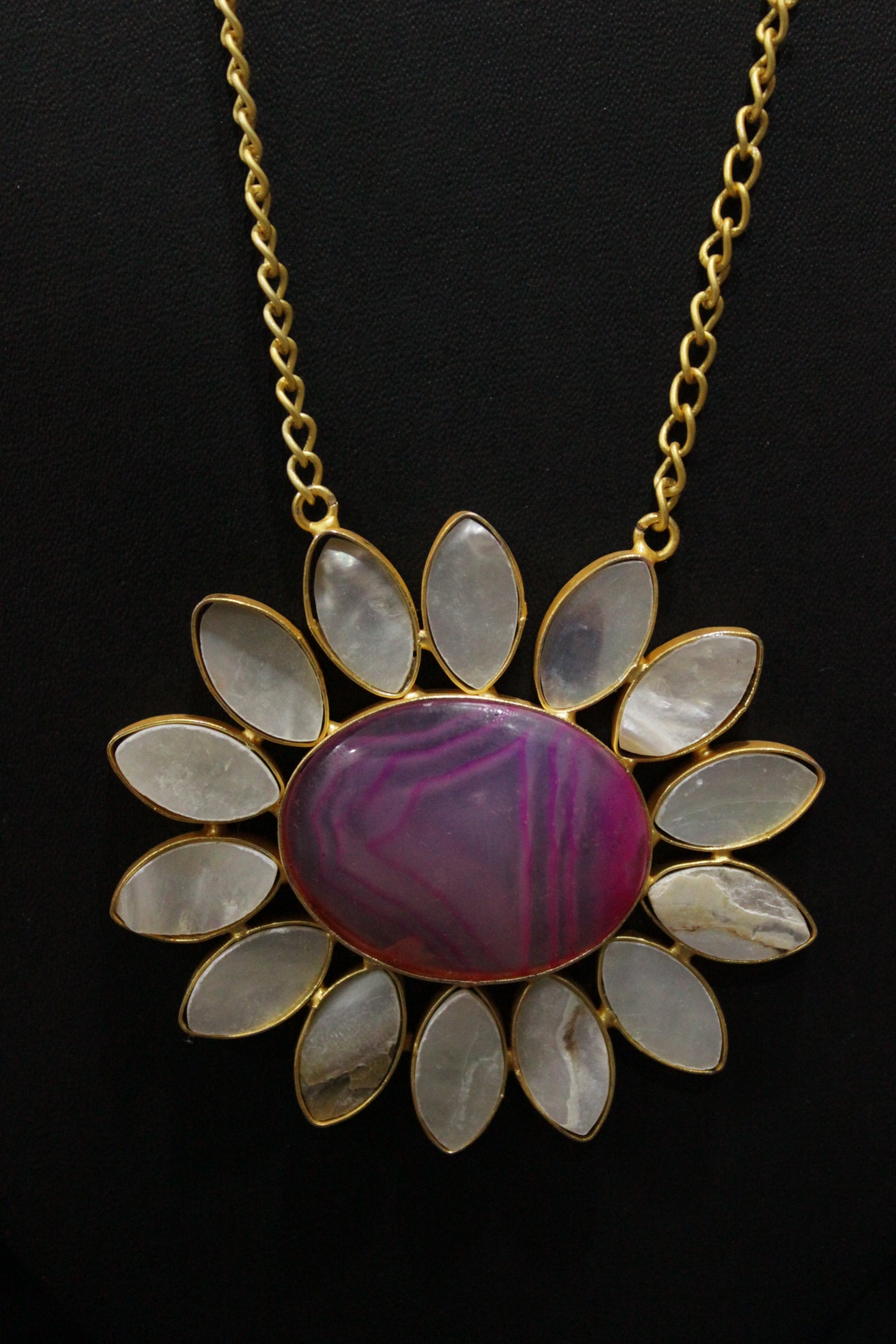 Pink Center Stone Natural Gemstones Embedded Flower Shape Statement Pendant Gold Finish Chain Necklace Set