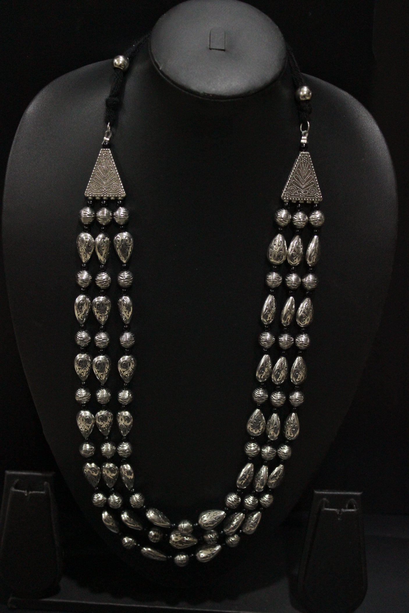 Metal and Black Beads Thread Closure 3 Layer Necklace