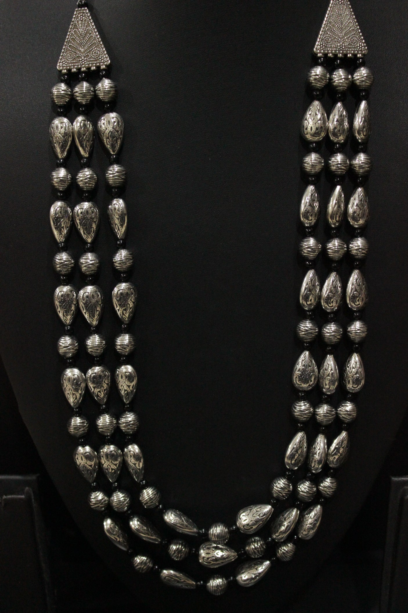 Metal and Black Beads Thread Closure 3 Layer Necklace