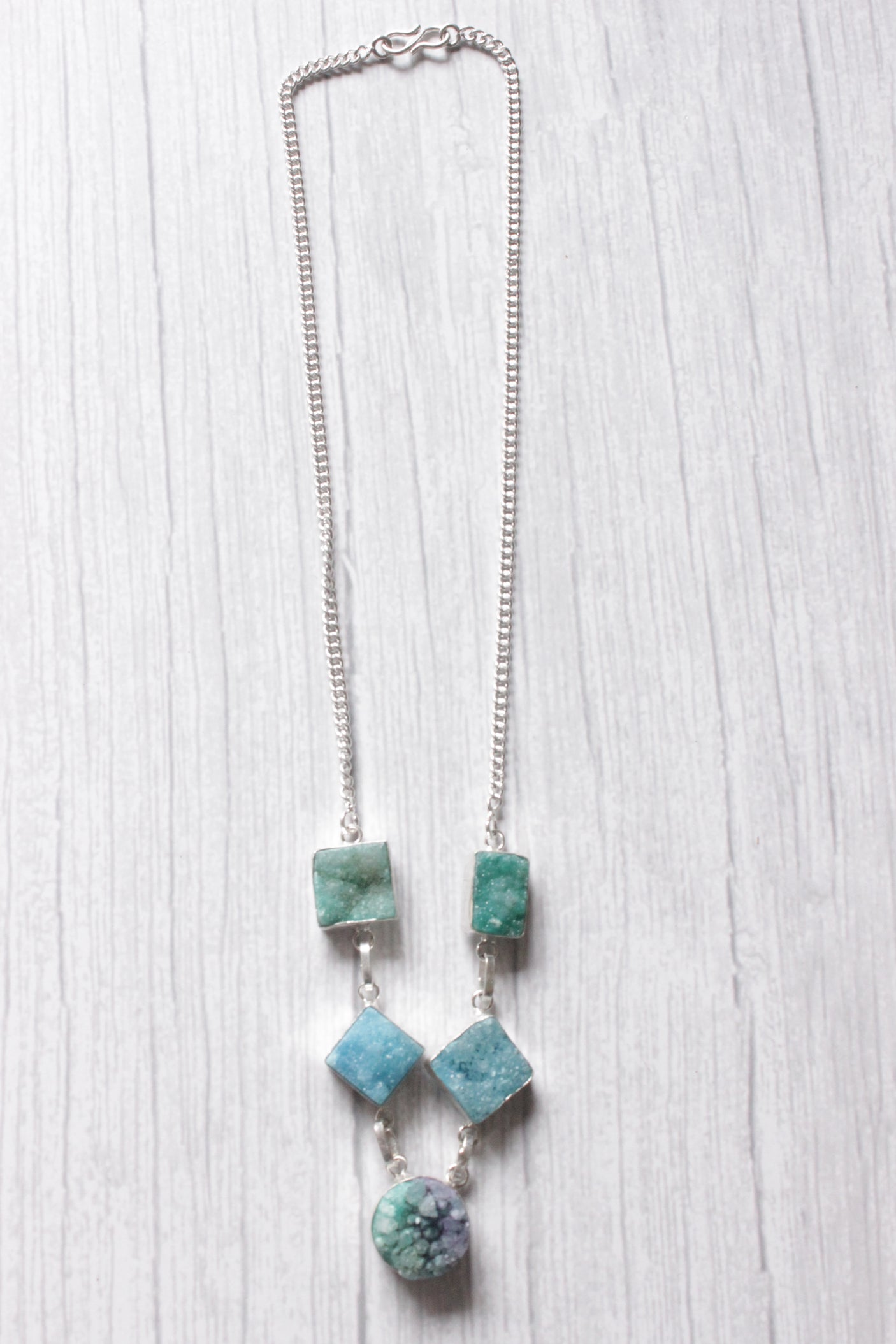 Multi Sugar Druzy Rare Natural Gemstone Embedded Silver Plated Handmade Necklace