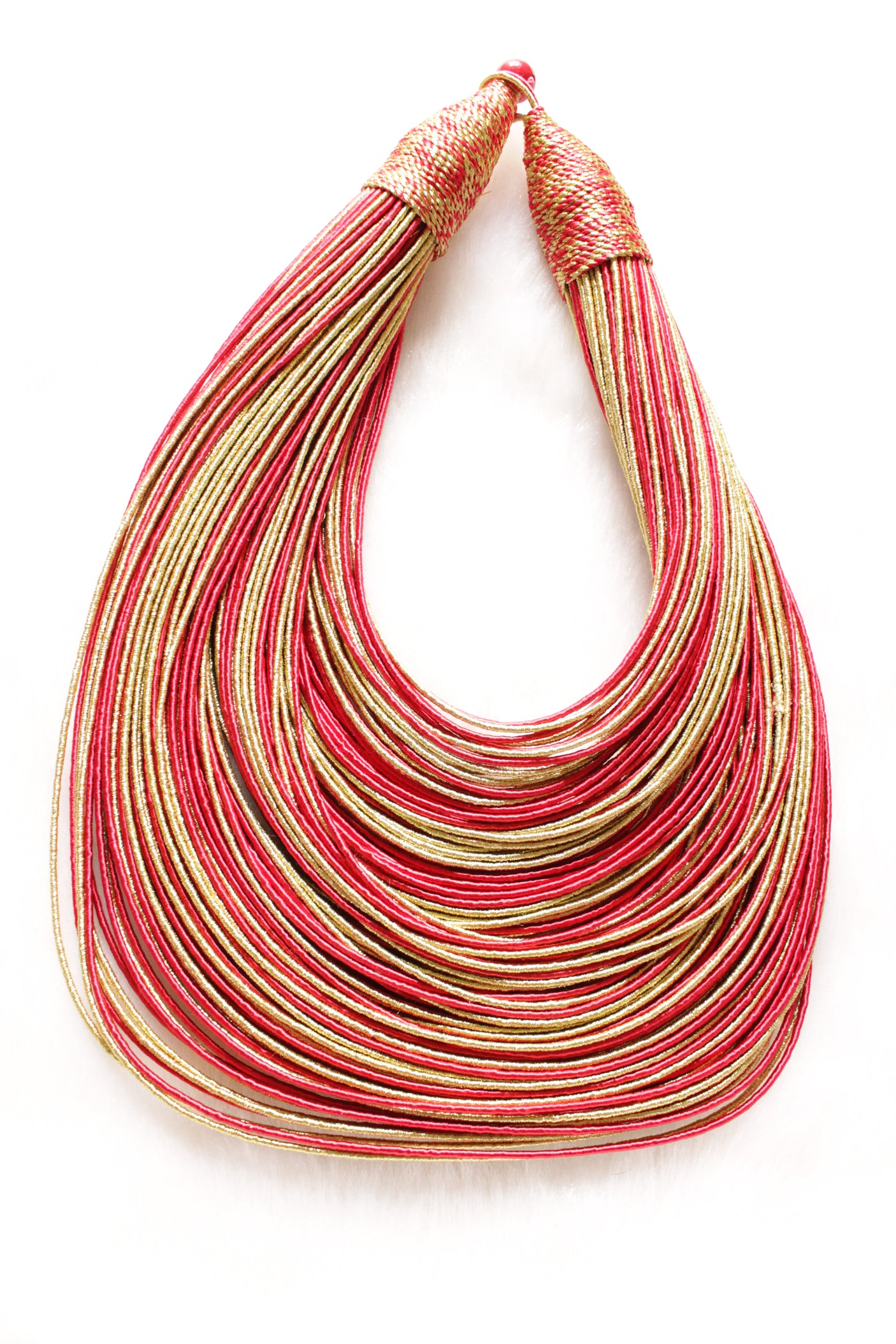Muted Beige and Red Handmade Silk Threads Multi-Layer Statement African Choker Necklace