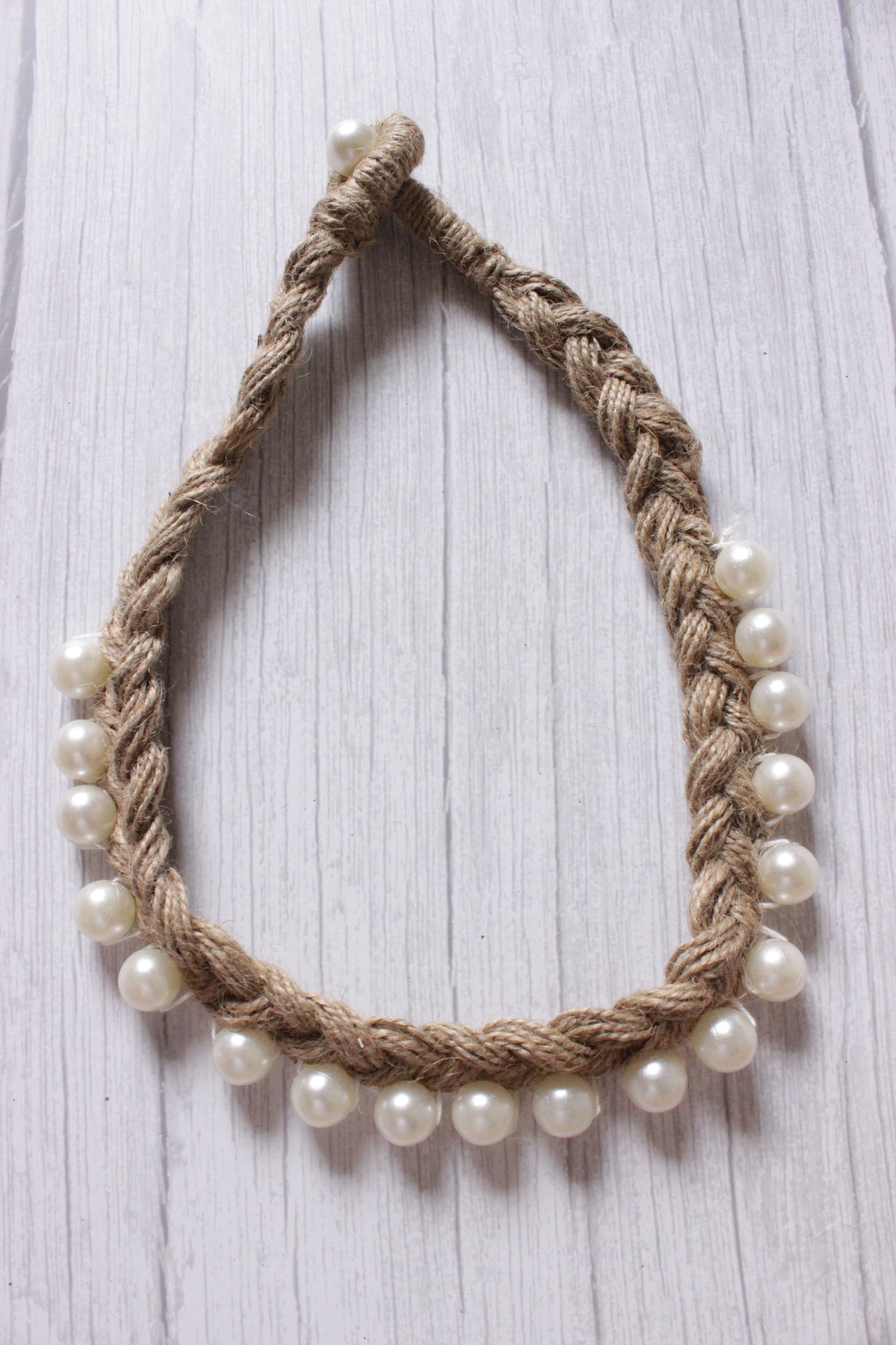 Pearls Embellished Braided Jute Strings Choker Necklace