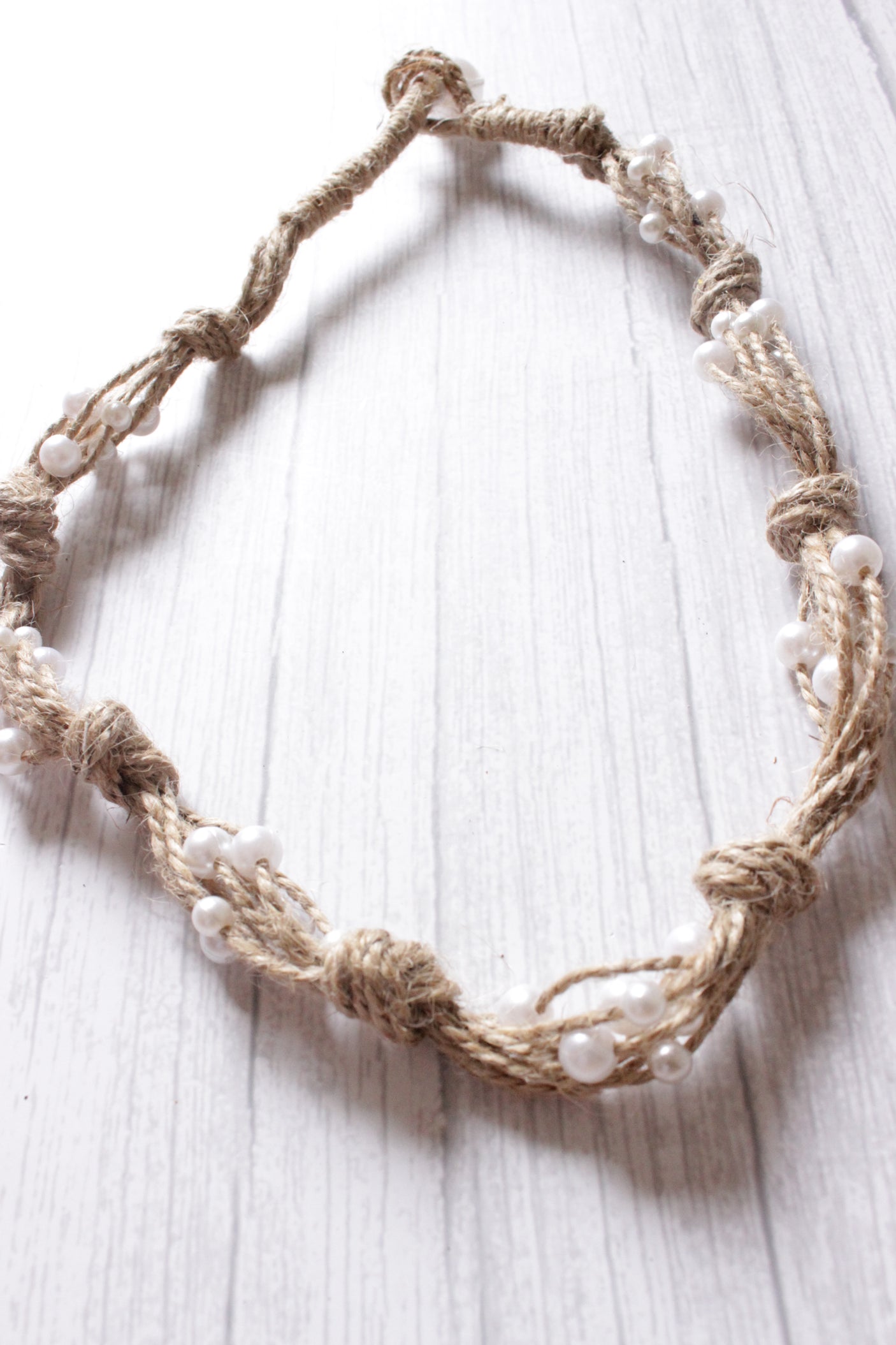Stringed Jute Strings White Beads Embellished Choker Necklace