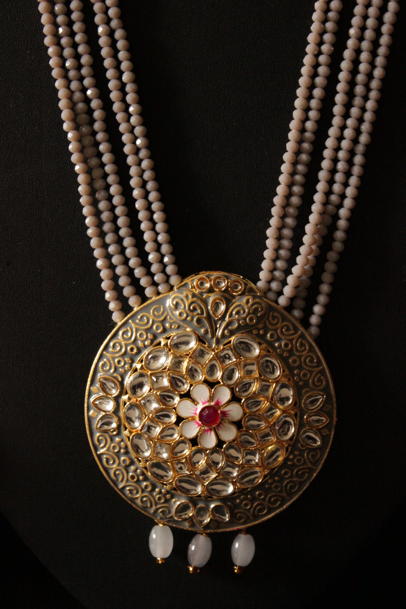 Grey Meenakari Work And Multi-Layer Beads Statement Pendant Long Necklace Set