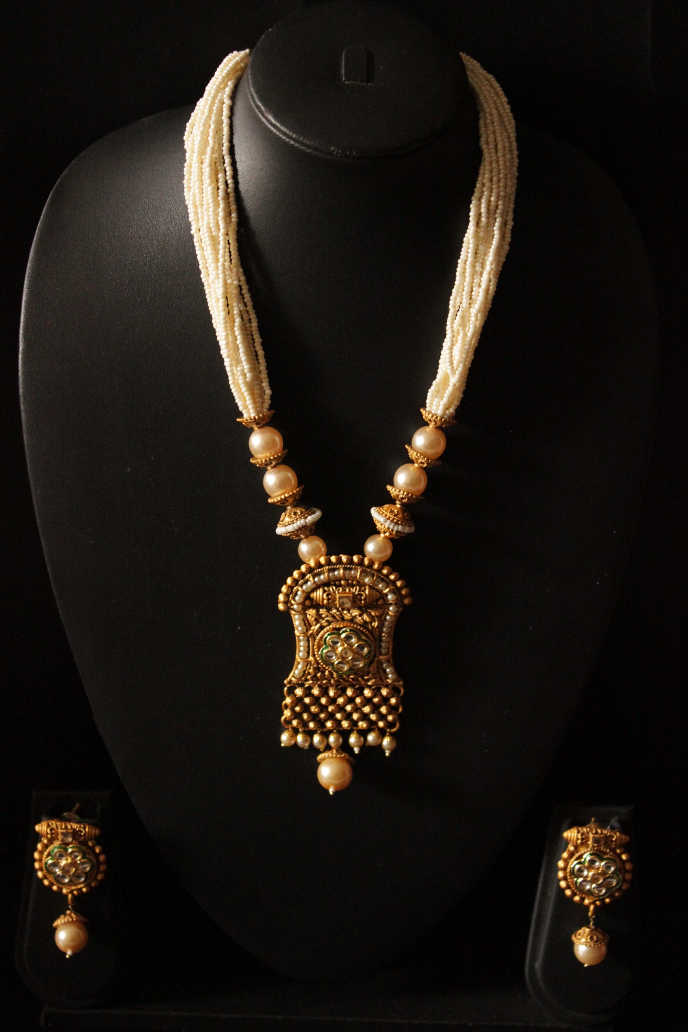 Kundan Stones Embedded Matt Gold Finish Multi-Layer White Beads Necklace Set