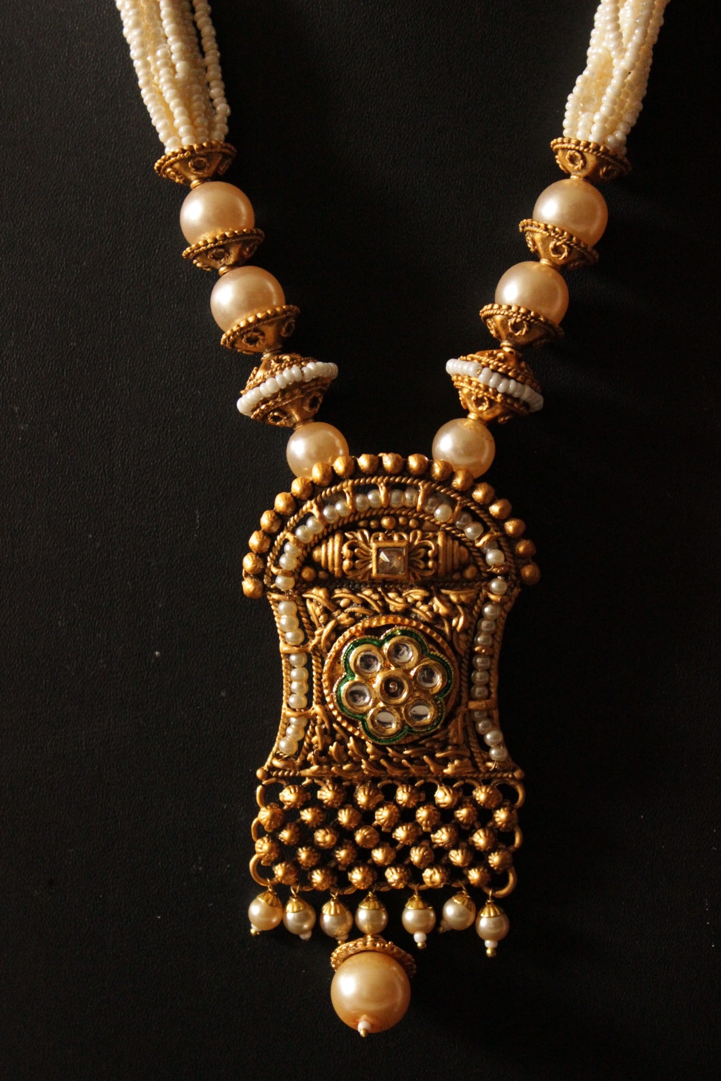 Kundan Stones Embedded Matt Gold Finish Multi-Layer White Beads Necklace Set