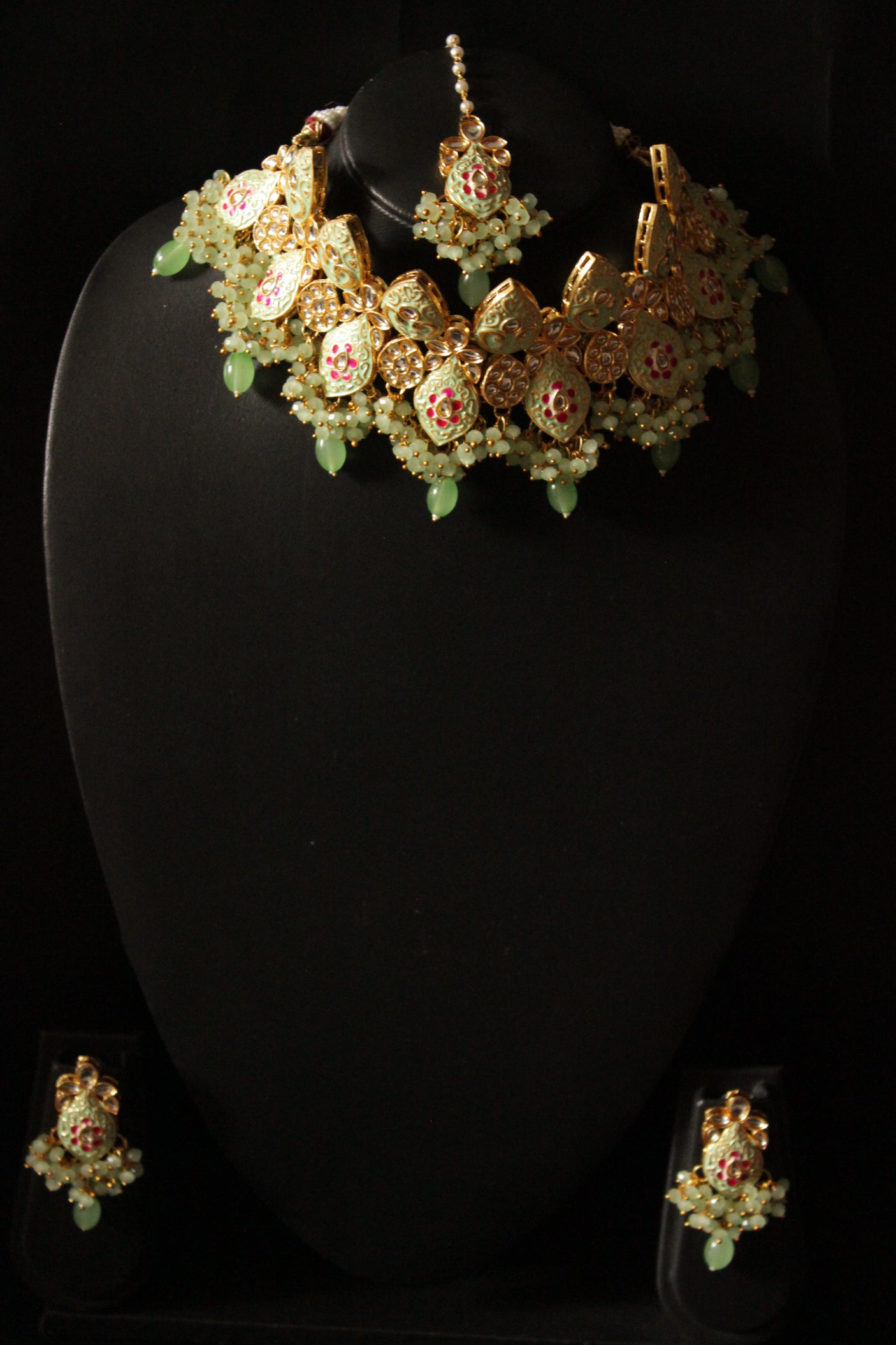 Meenakari Work Sea Green Stones and Beads Embedded Elaborate Choker Necklace Set