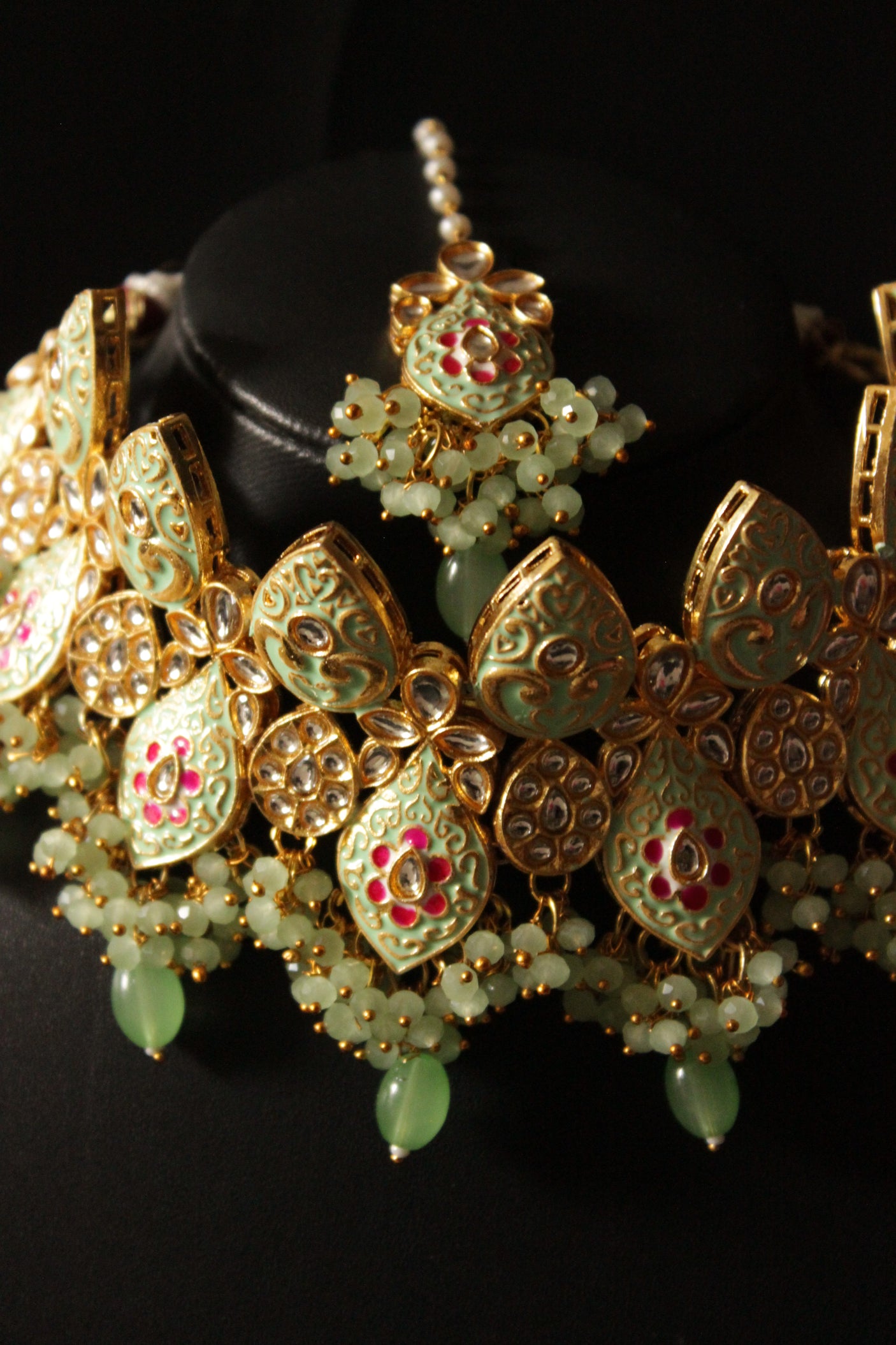 Meenakari Work Sea Green Stones and Beads Embedded Elaborate Choker Necklace Set