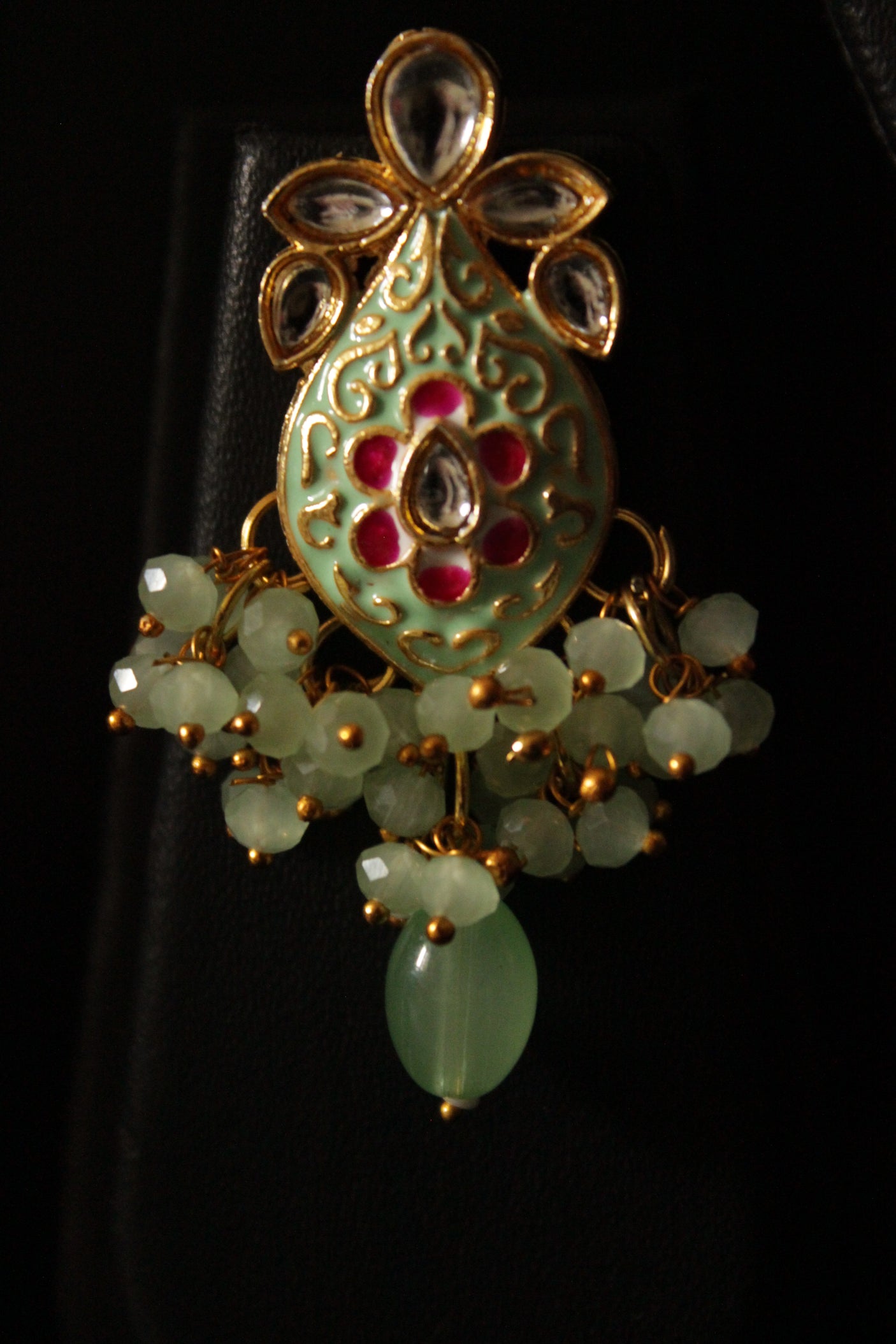 Meenakari Work Sea Green Stones and Beads Embedded Elaborate Choker Necklace Set