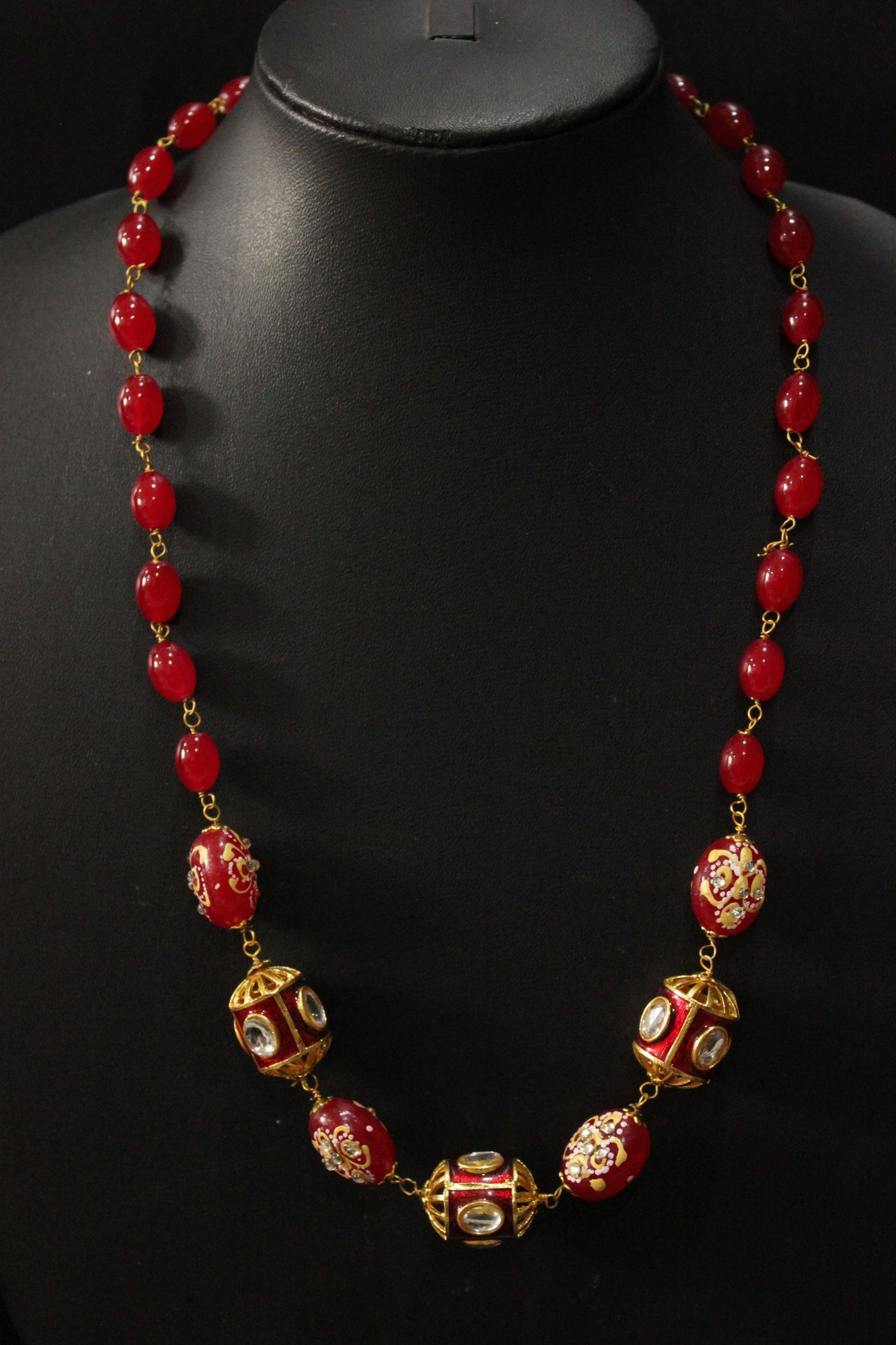 Hand Painted Meenakari Red Acrylic Beads Braised with Red Beads and Kundan Stones Embedded Necklace Set